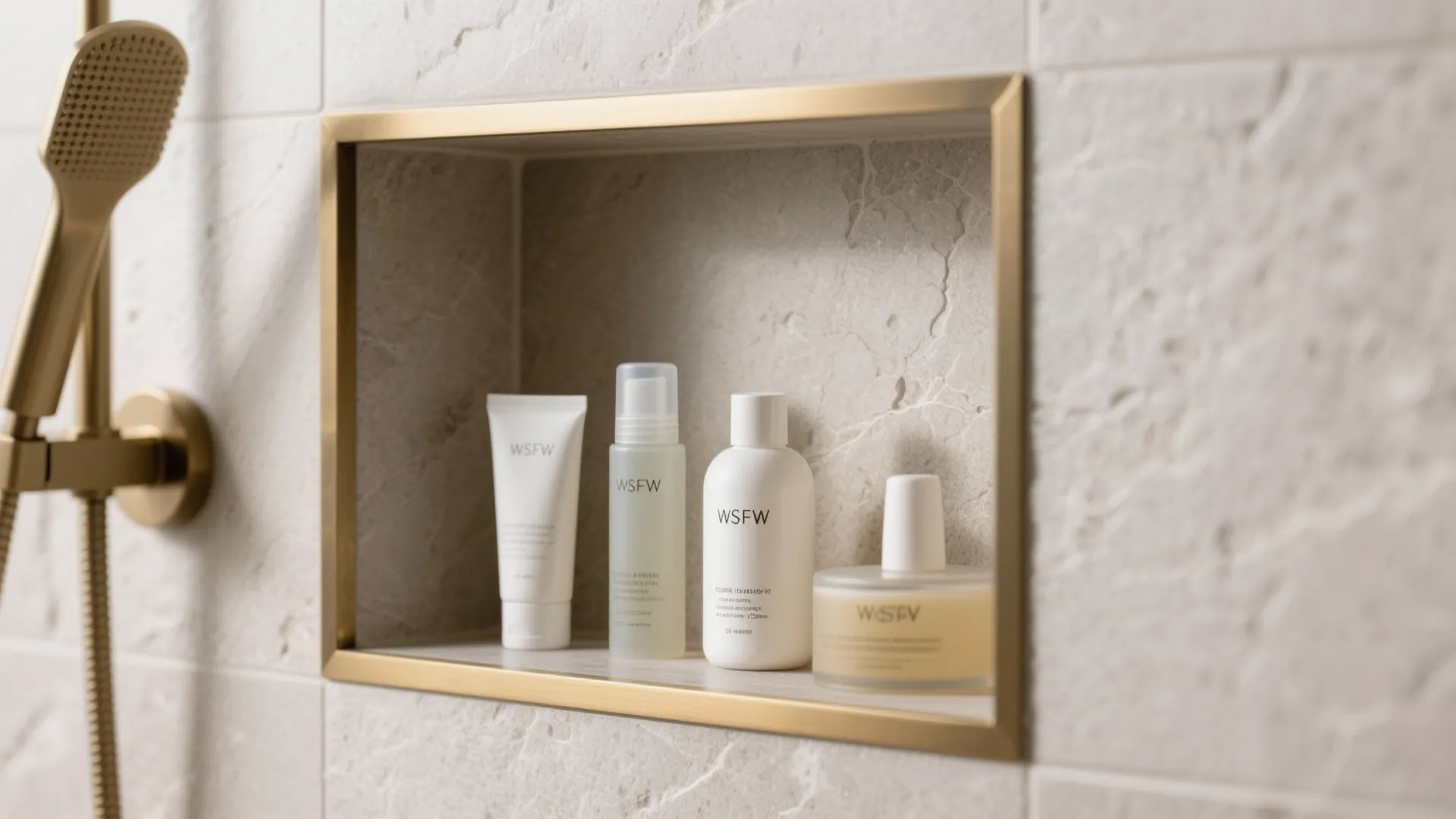 Built in wall shelf with gold frame holding white skincare bottles in a tiled shower area