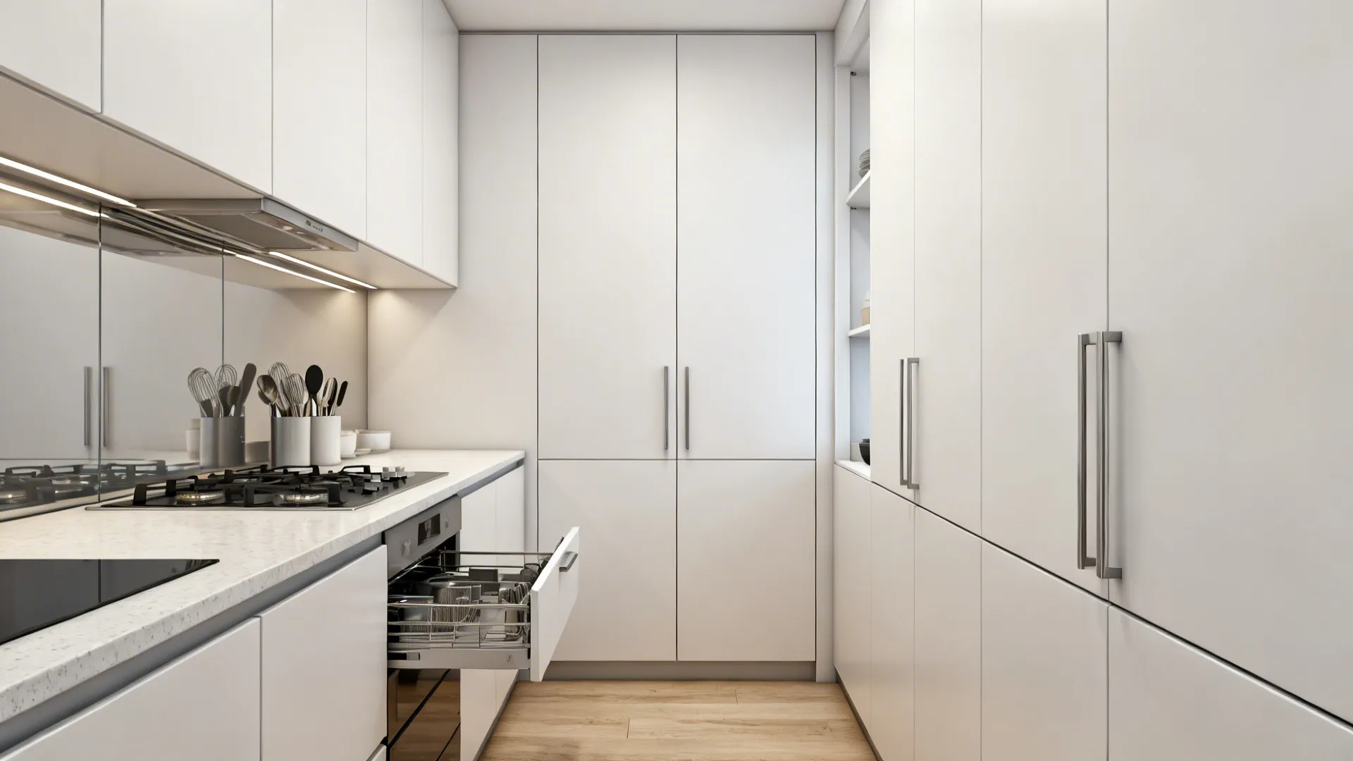 Minimal small kitchen with handle-less white cabinets and a tall pantry creating a clutter-free counter.