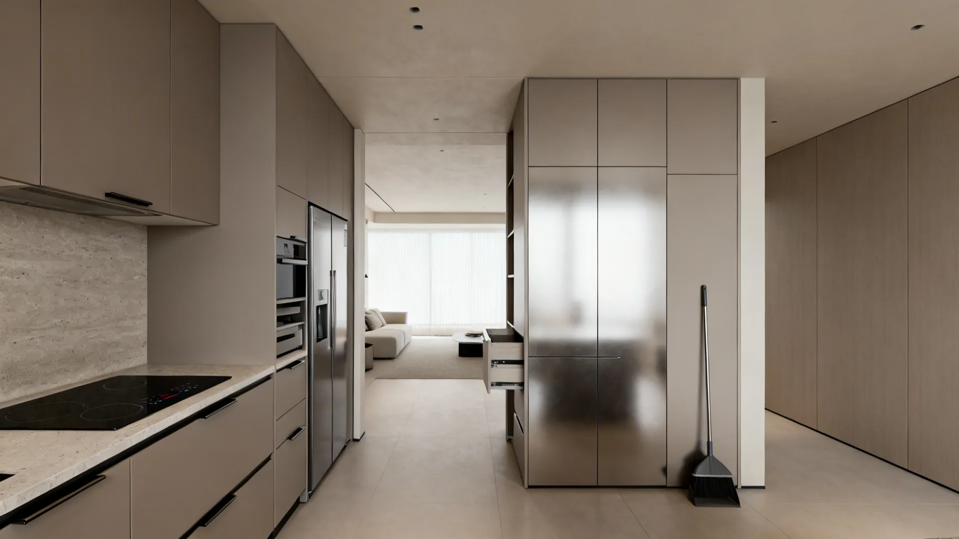 Minimalist open kitchen with handle-free matte cabinets and seamless full-height storage.