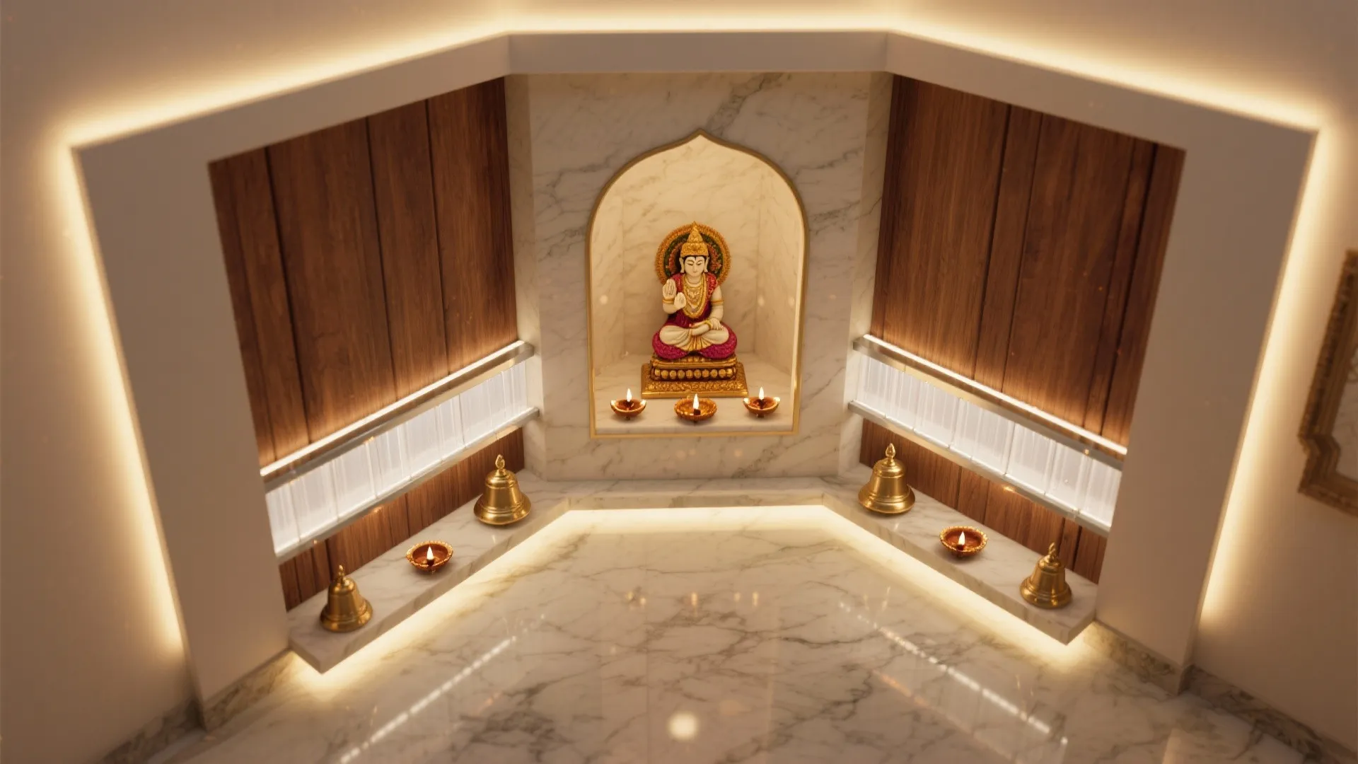 Small prayer room with a golden statue, marble walls, wooden panels, warm lighting, and bells.