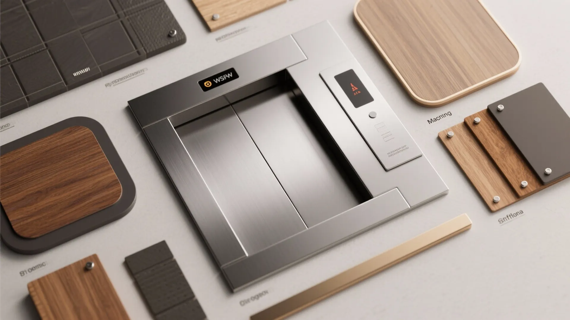 Various interior design material samples like wood and metal surrounding a small silver elevator door