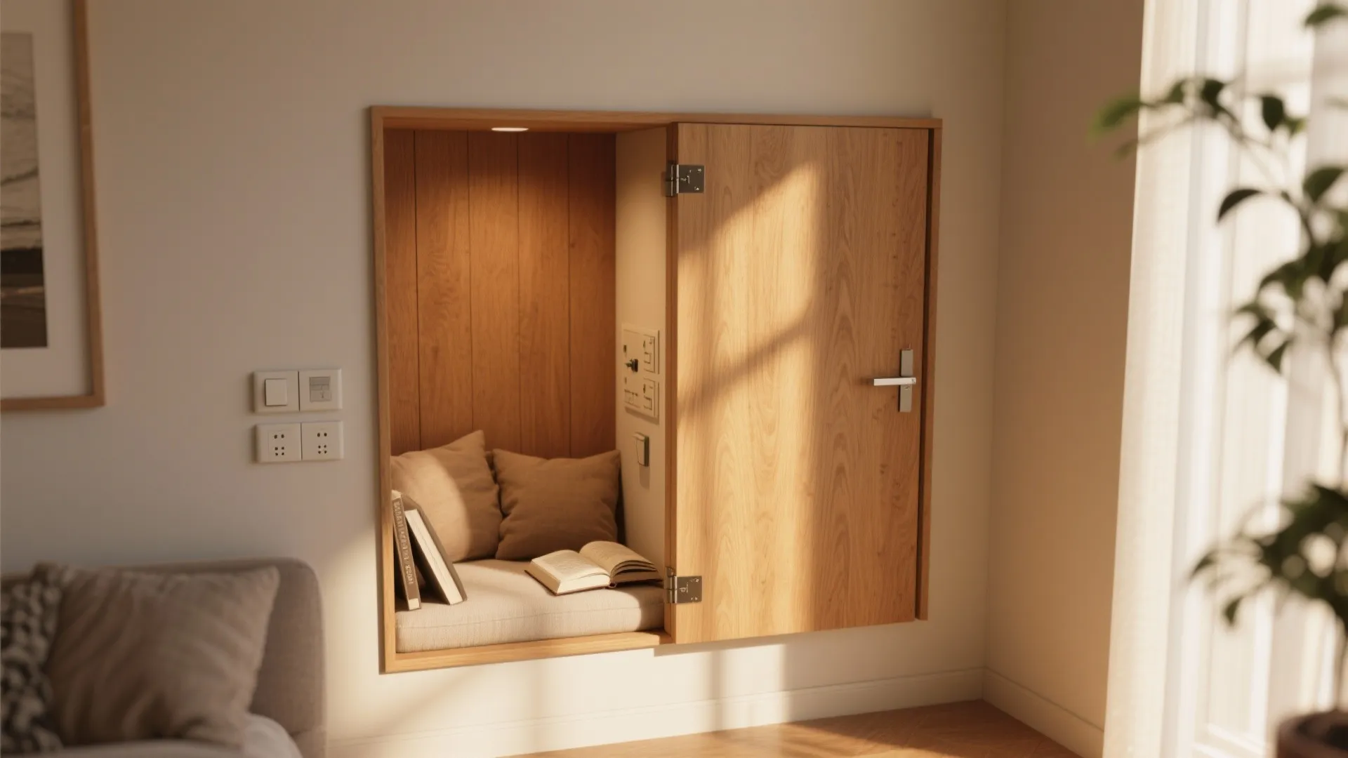 Small wooden reading nook built into wall with pillows books and light switches inside cabinet