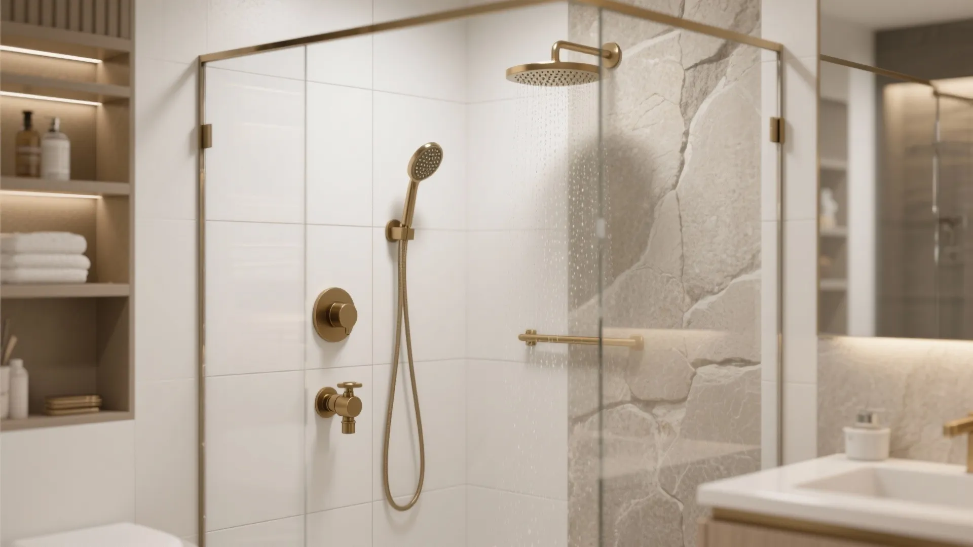 Luxury bathroom shower area with gold fixtures white tiles stone wall and shelves with white towels