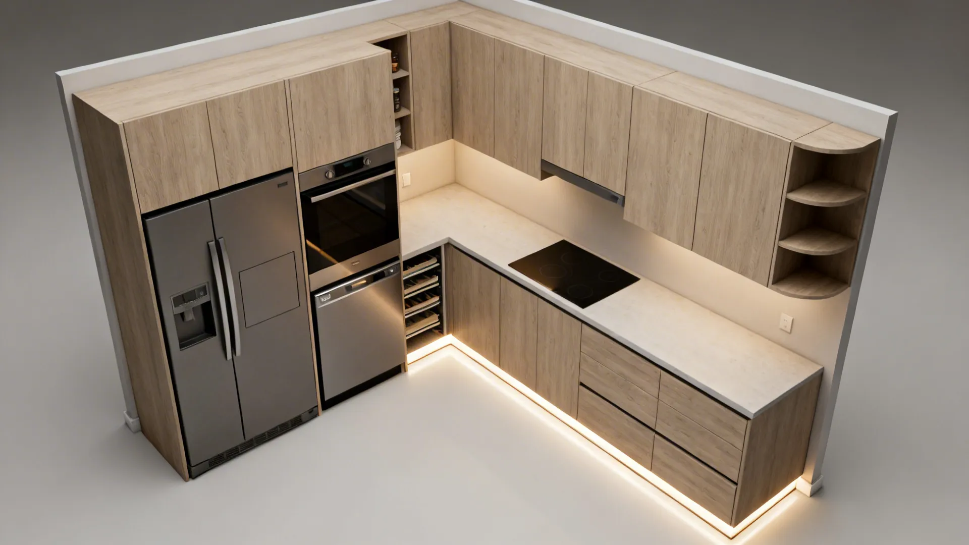 Top-down view of a compact galley with integrated appliances and hidden storage zones.