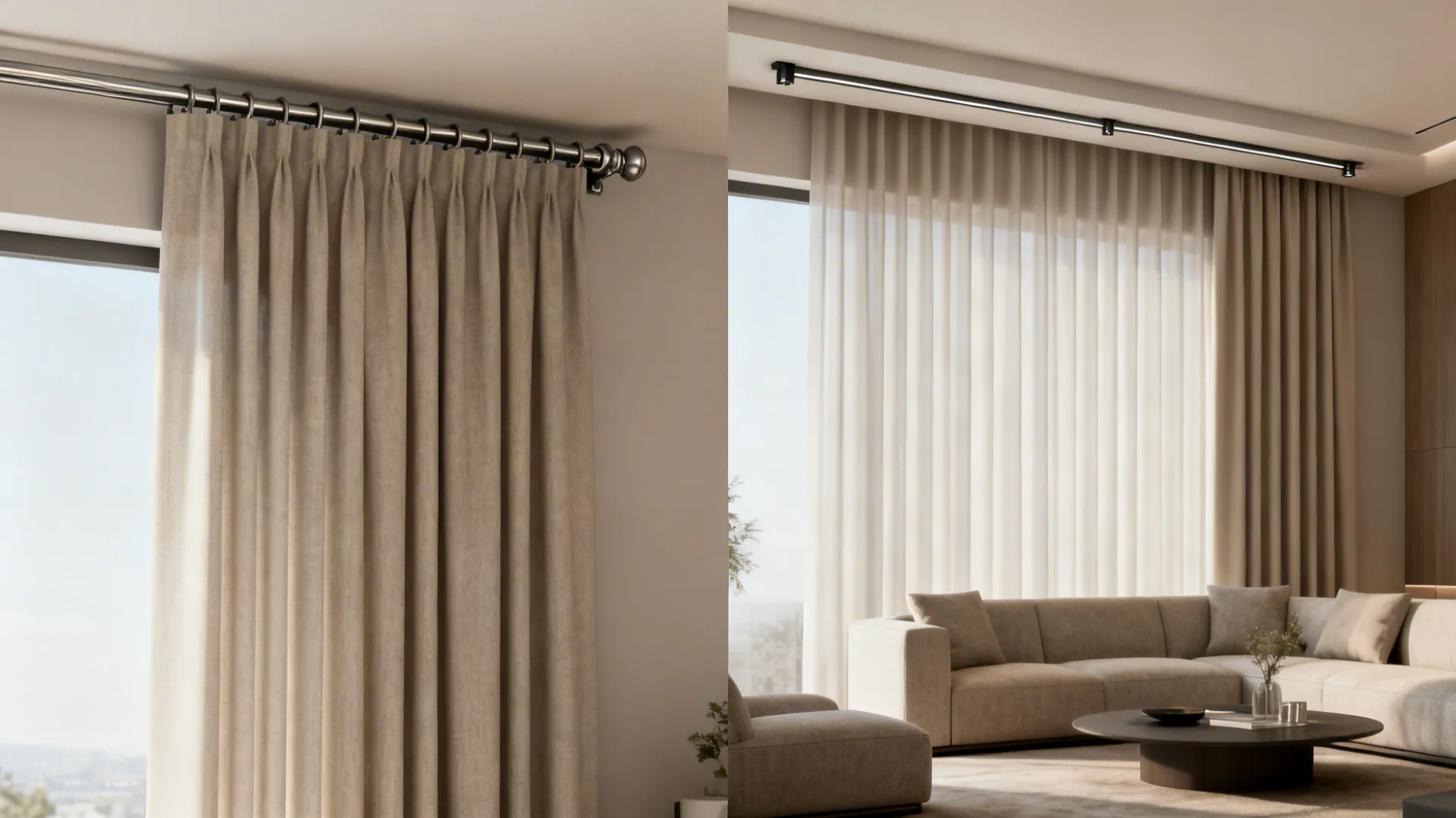Before and after view: visible curtain rod versus concealed ceiling track for seamless curtains
