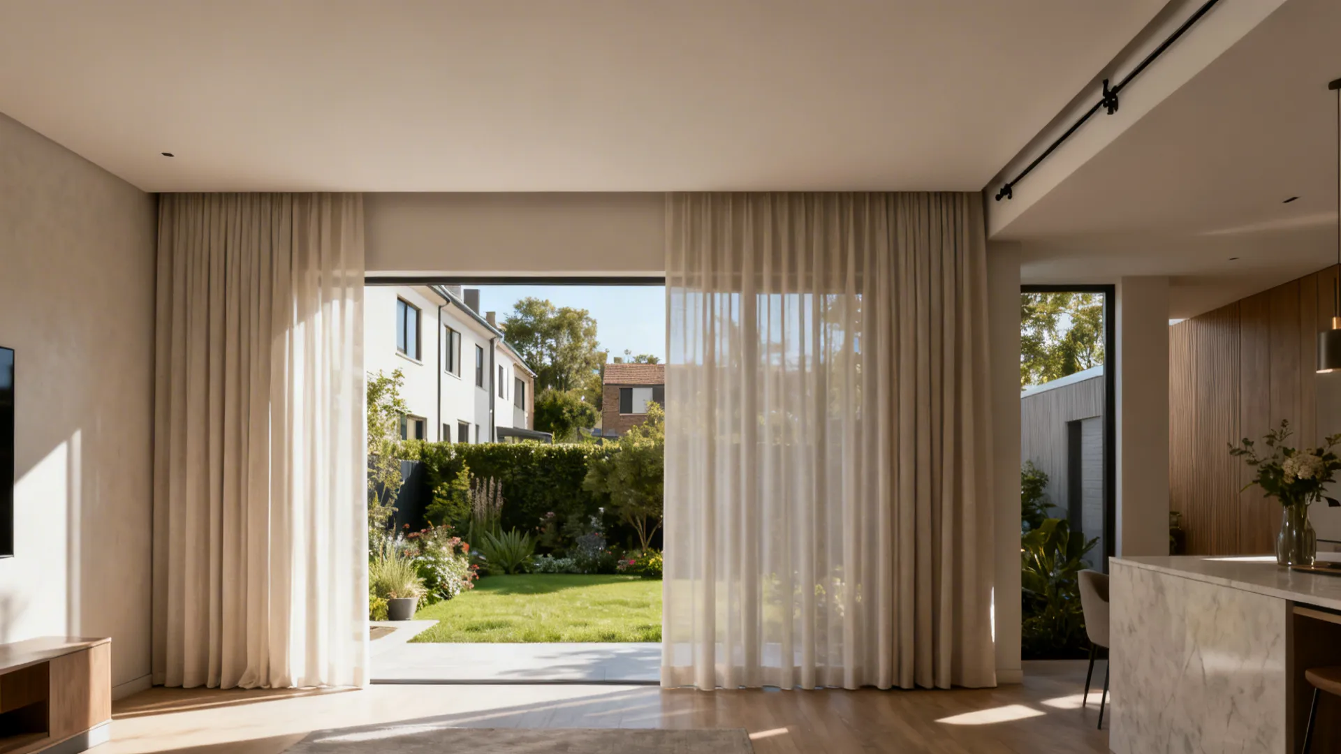 Concealed ceiling track with drapes forming a seamless curtain plane opening to a garden view.