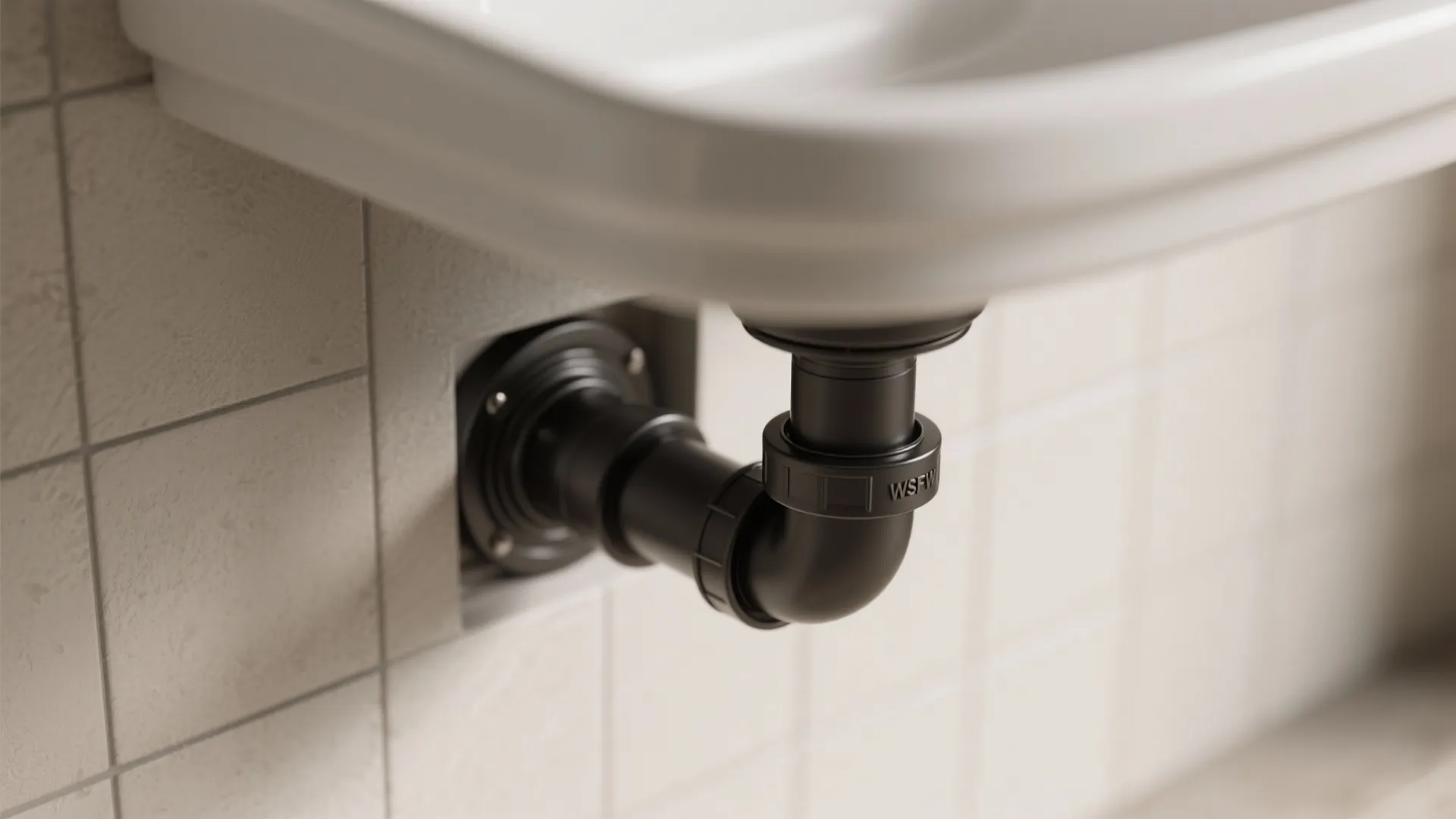 Close up of a black drain pipe connected to a wall beneath a white sink