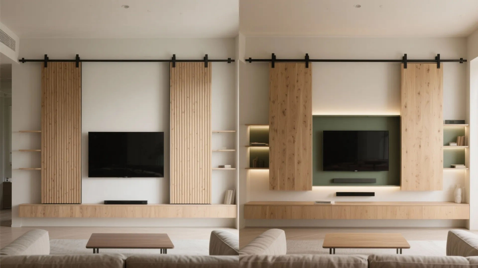 Before and after comparison showing sliding wooden panels covering and revealing a wall mounted television