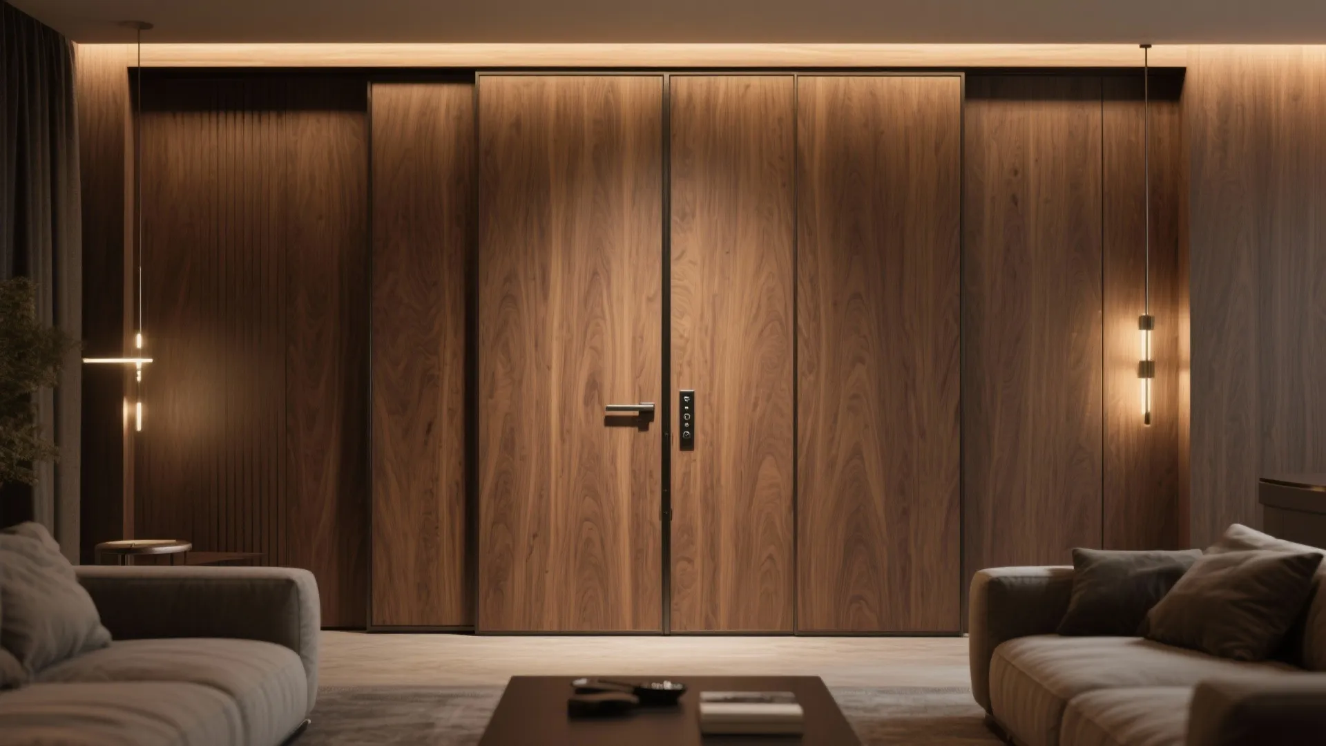 Modern living room featuring warm wood wall panels with integrated doors and hidden soft lighting