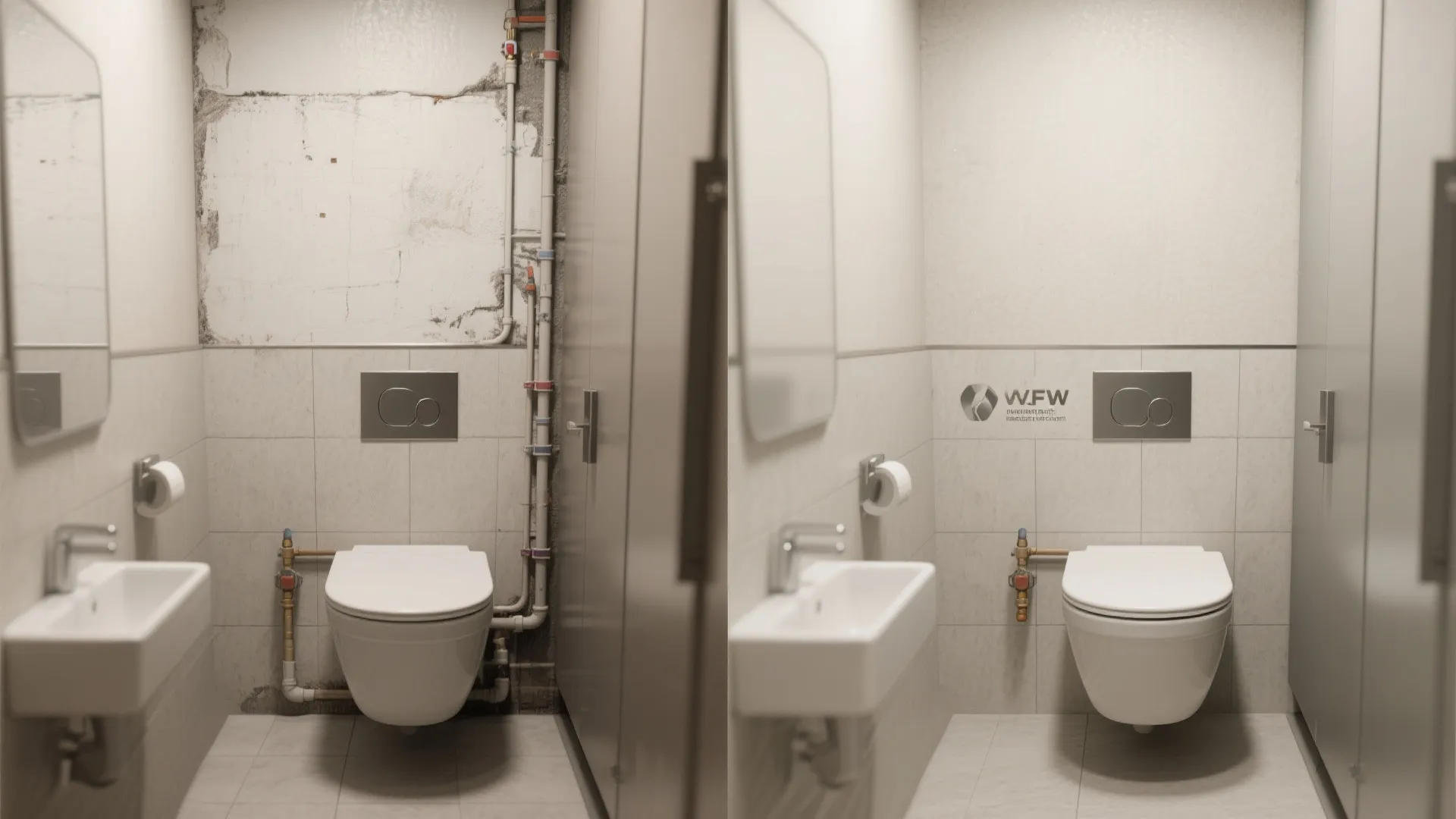Before and after comparison of a toilet area showing exposed pipes versus clean wall panel