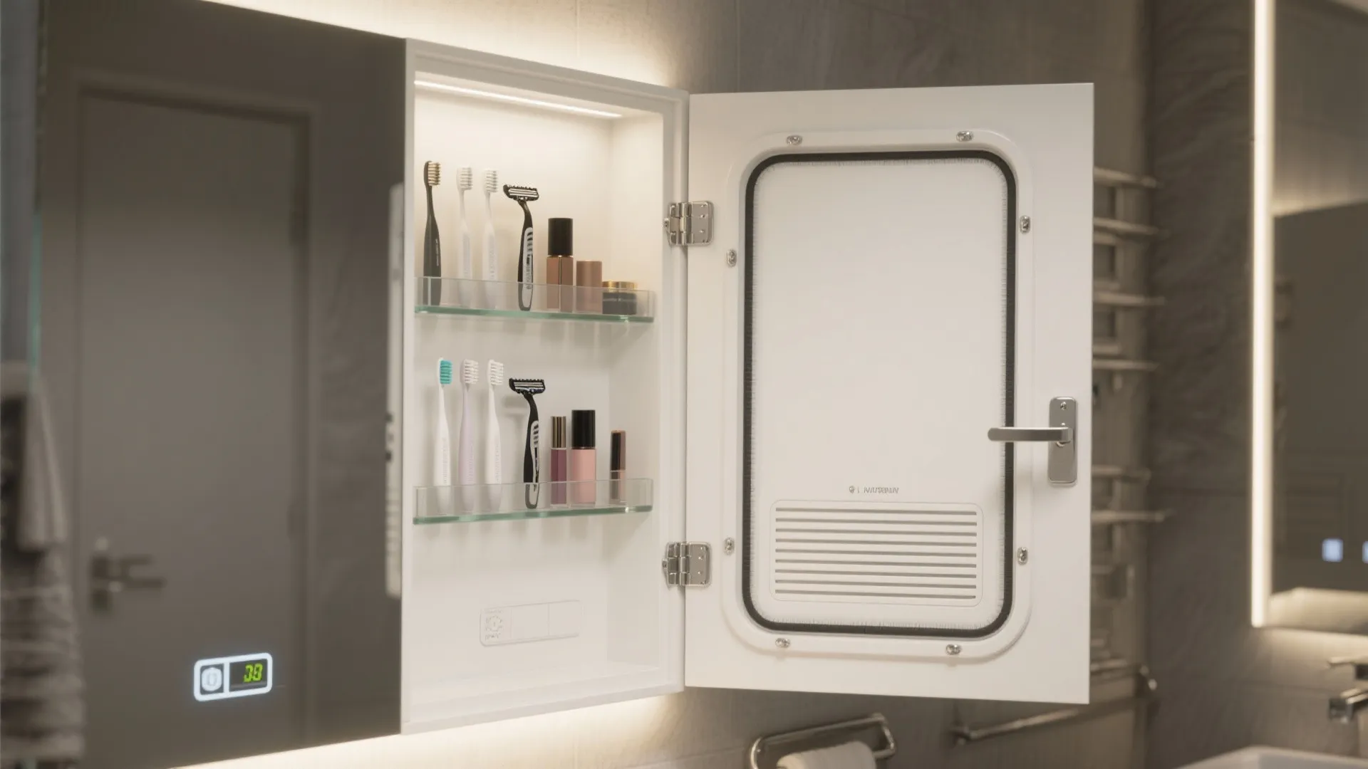 Open wall cabinet in bathroom with toothbrushes and razors inside a built in sanitizing station