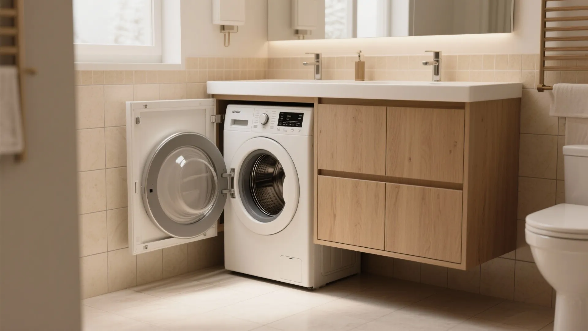 White washing machine built into a wooden bathroom cabinet below a white sink with silver