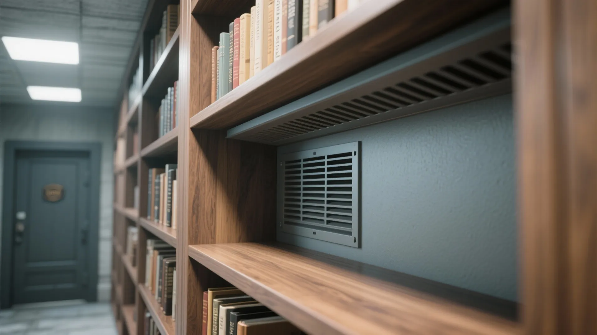 Hidden ventilation behind a bookshelf in a safe room