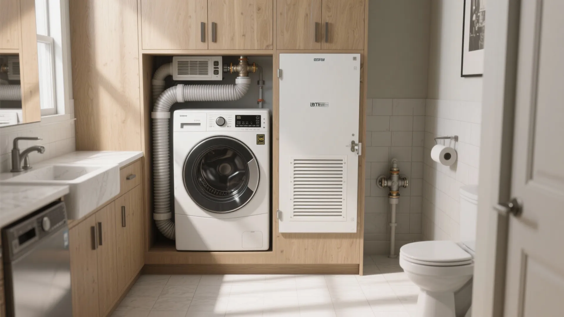Bathroom interior showing washing machine installation with visible dryer vent pipes and wooden storage cabinets