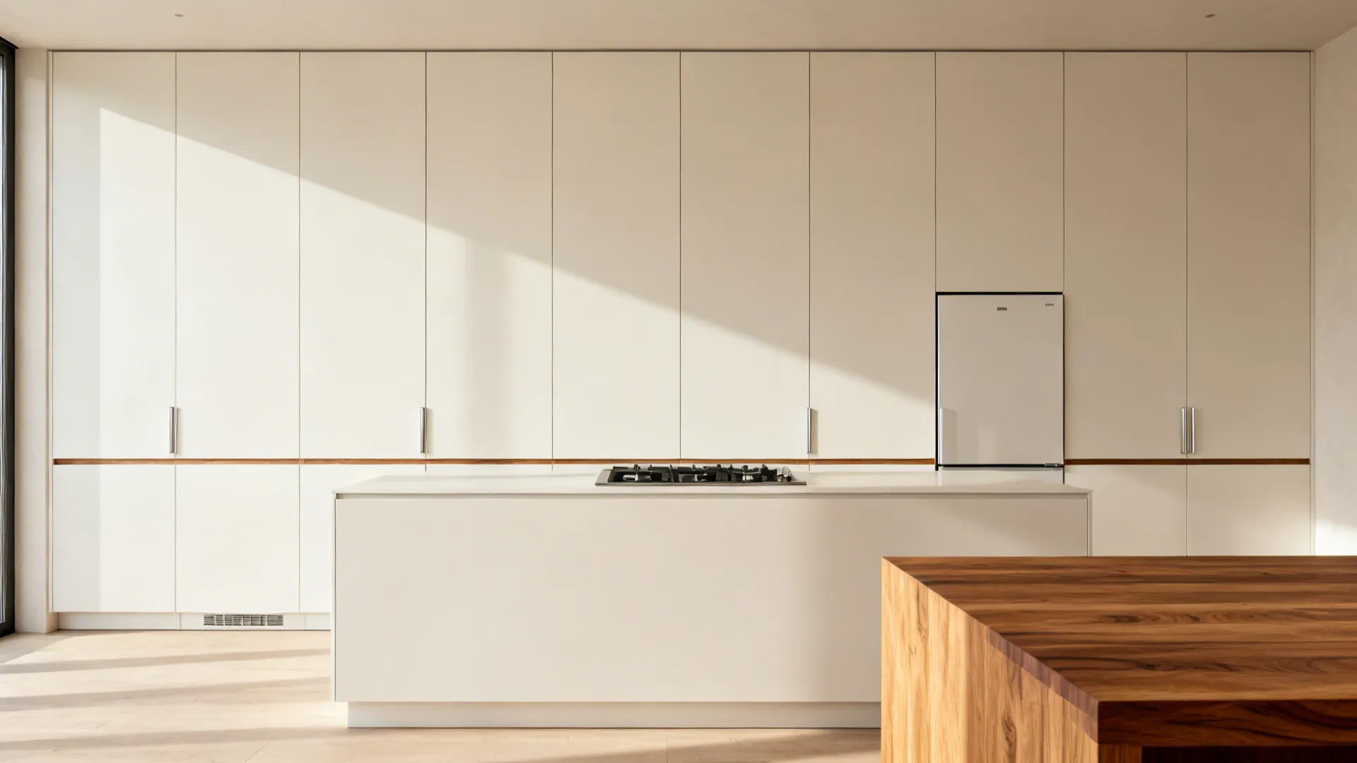 Minimalist floor-to-ceiling storage wall with panel-ready appliances and aligned reveals.