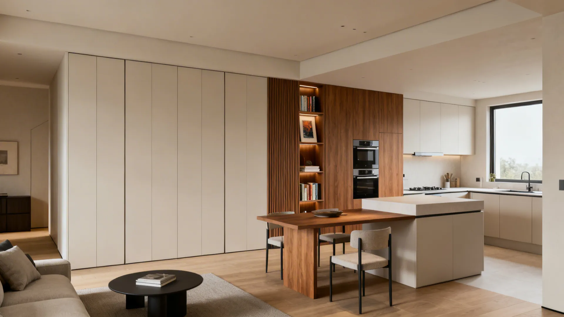 Modern living room and kitchen featuring large beige wall panels and a wooden dining table