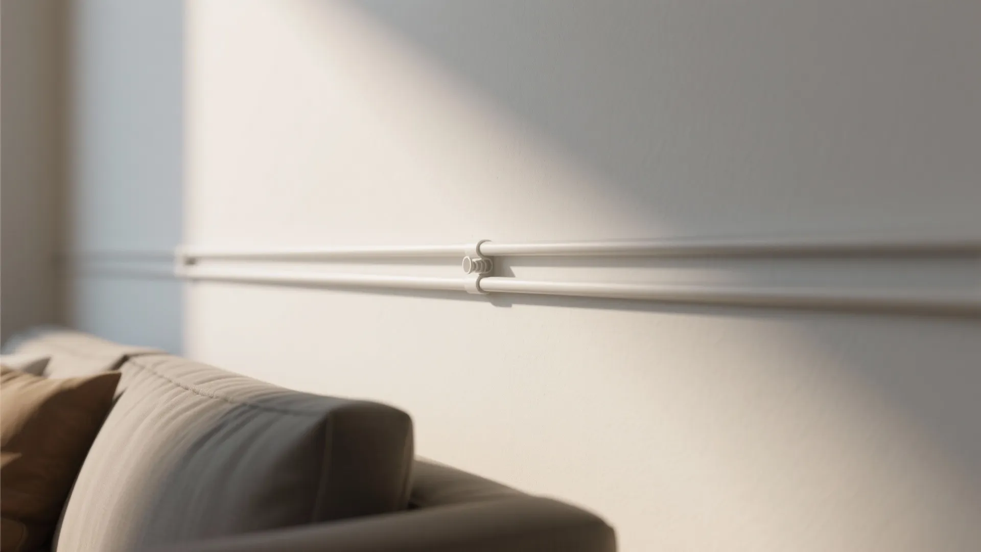 Close view of white electrical cable pipes installed neatly along a wall behind a grey sofa