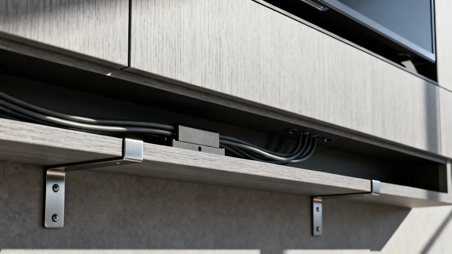 Macro view of a concealed cable channel and shadow gap behind a floating TV panel.