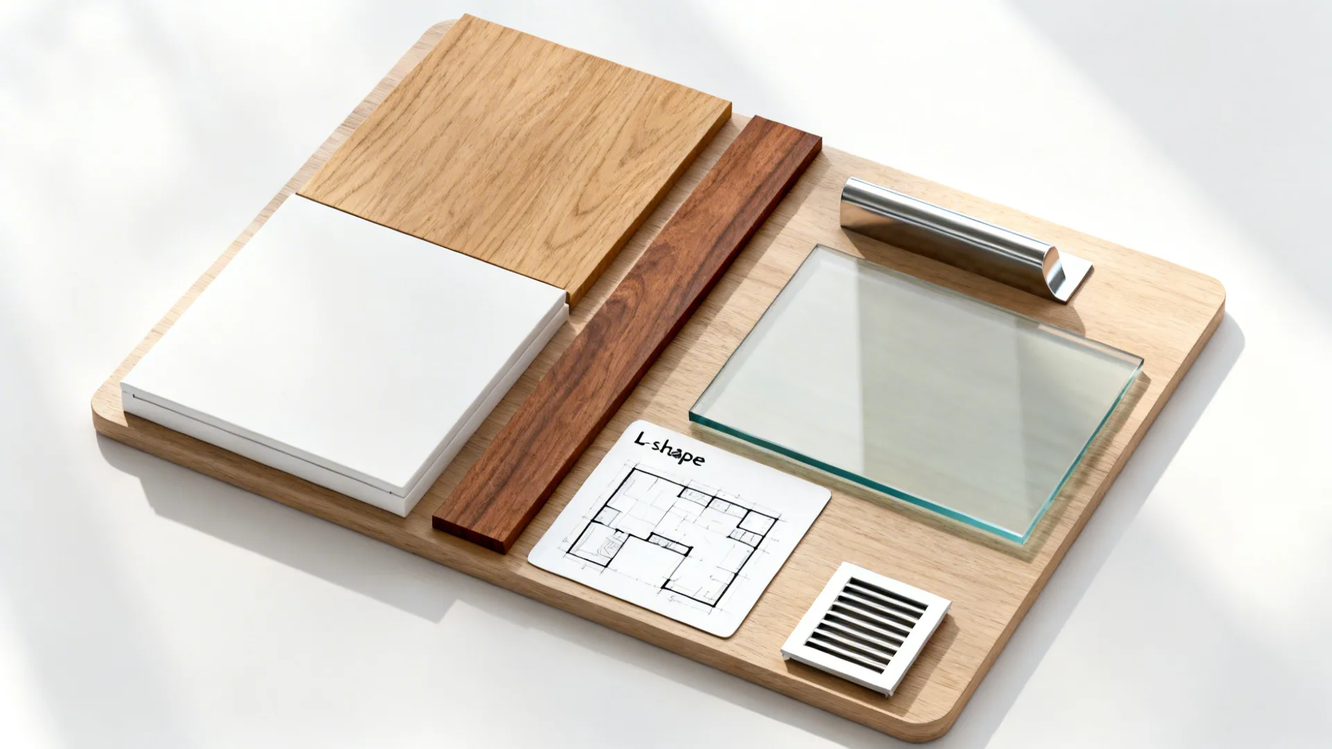Flat lay of materials and a small L-shaped plan card summarizing the small kitchen concept.