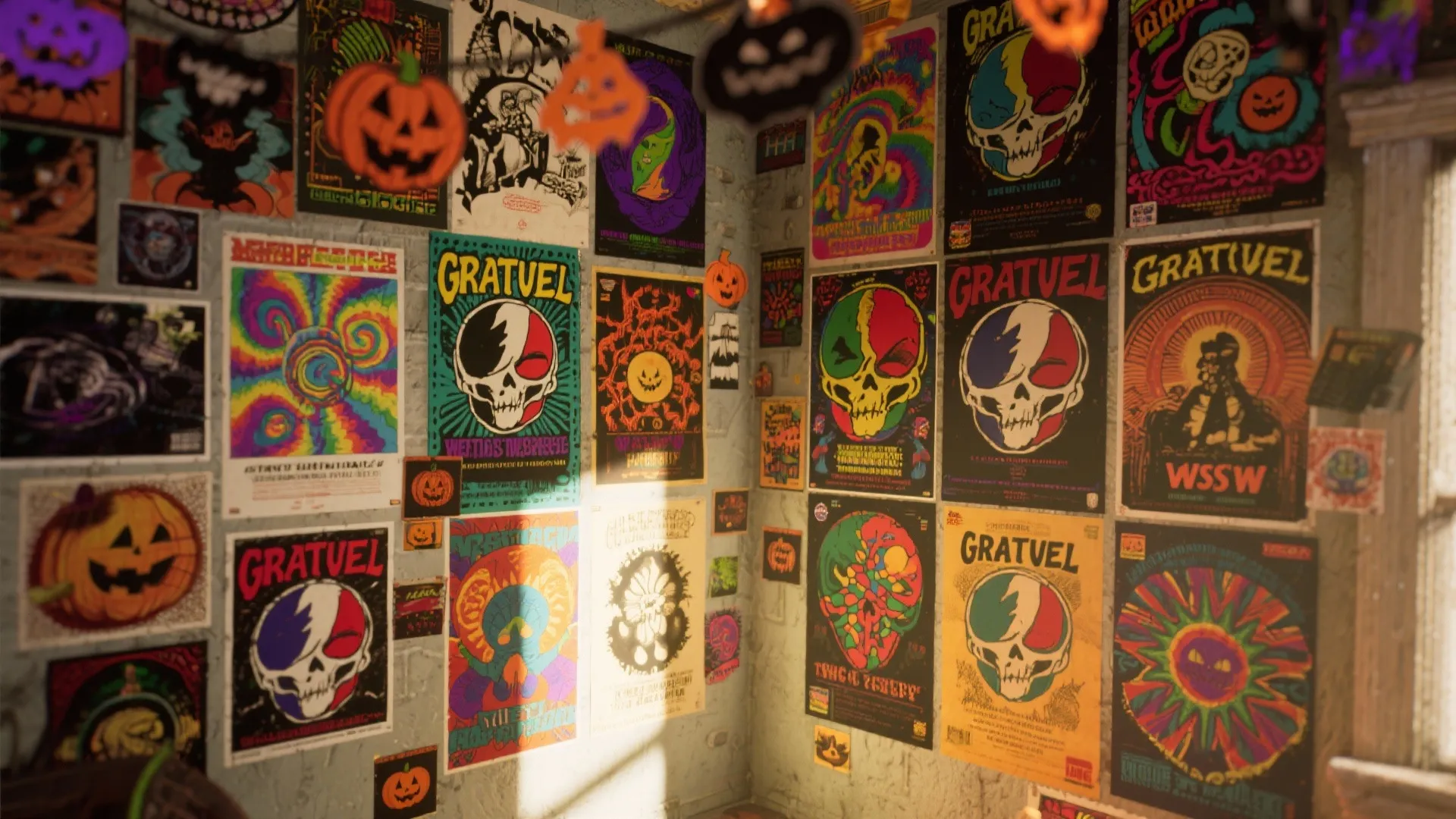 Room wall covered with colorful skull posters and pumpkin decorations for a creative interior design
