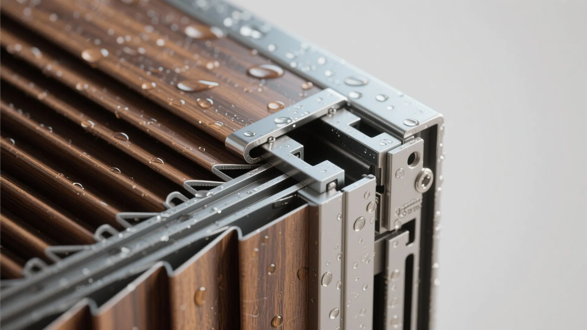 Close-up of waterproof wooden door panels with metal tracks and water droplets on the surface