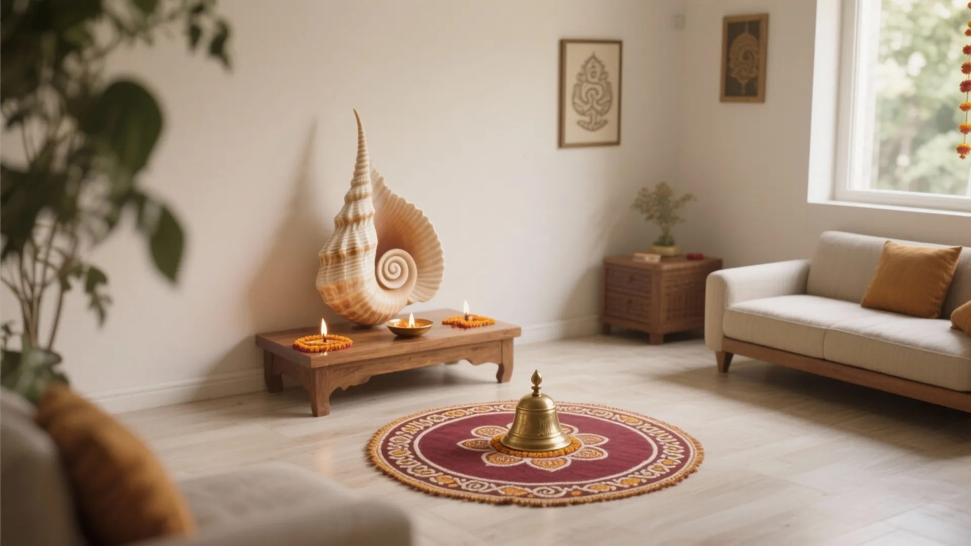 Living room with conch shell on low table beside sofa and golden bell on rug