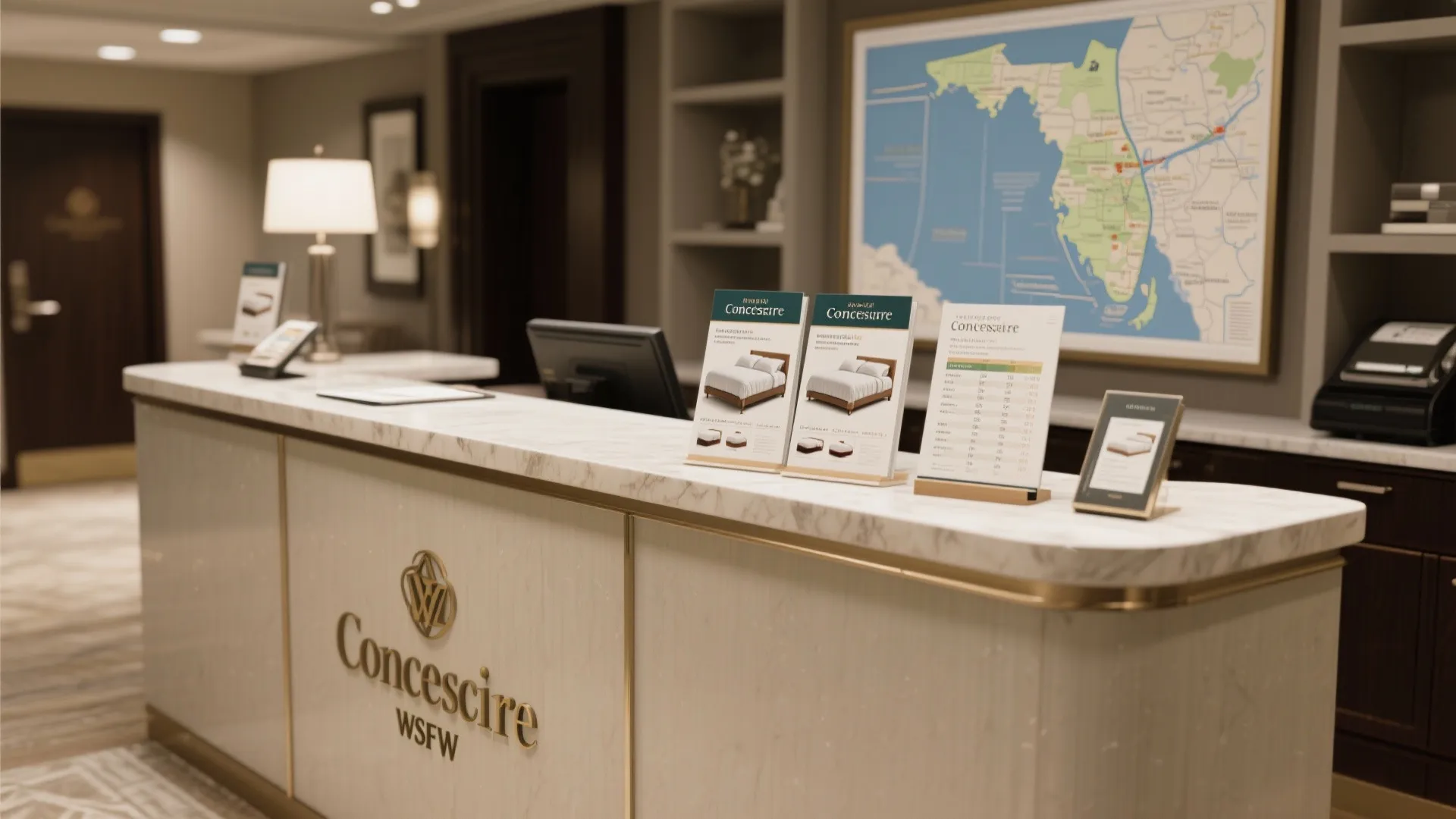 Concierge desk with brochures and shuttle information for Orlando hotel guests.