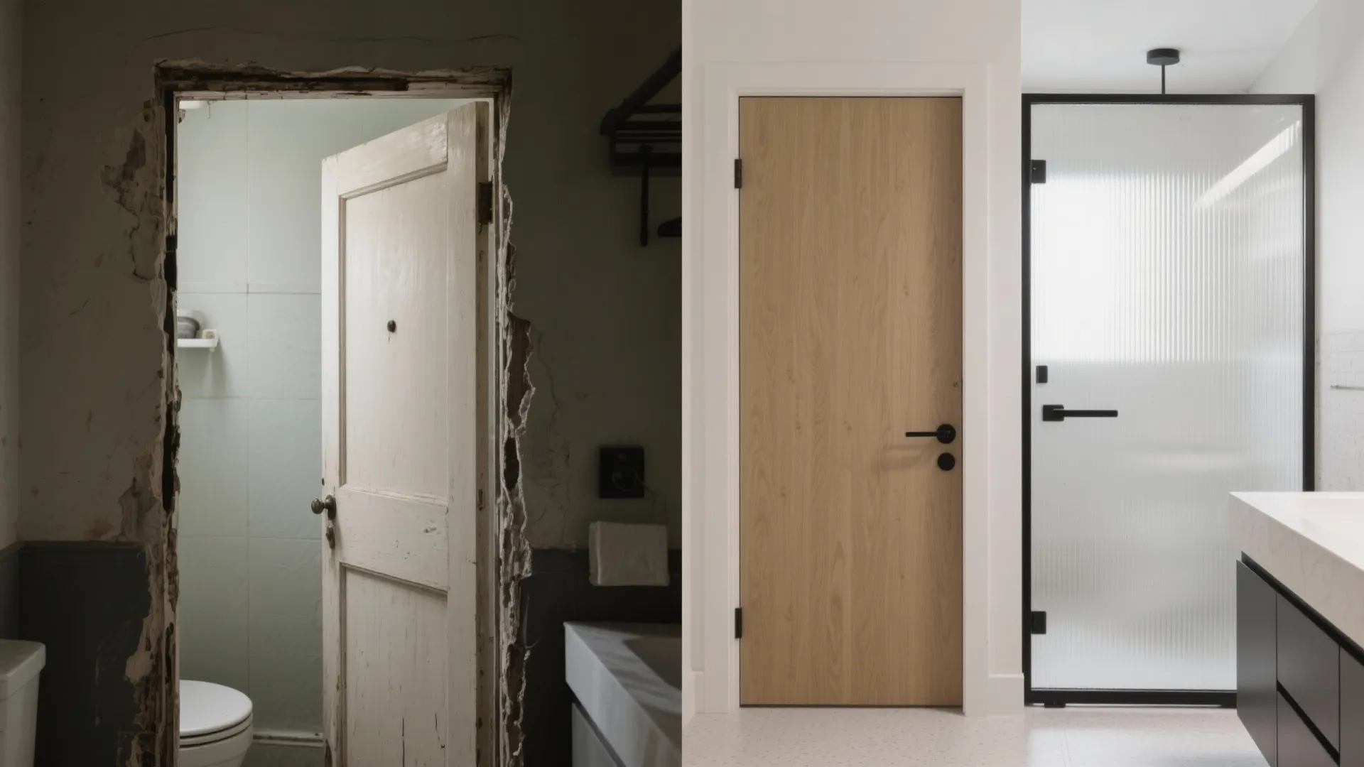 Before and after comparison of an old broken bathroom door versus a modern wood door renovation