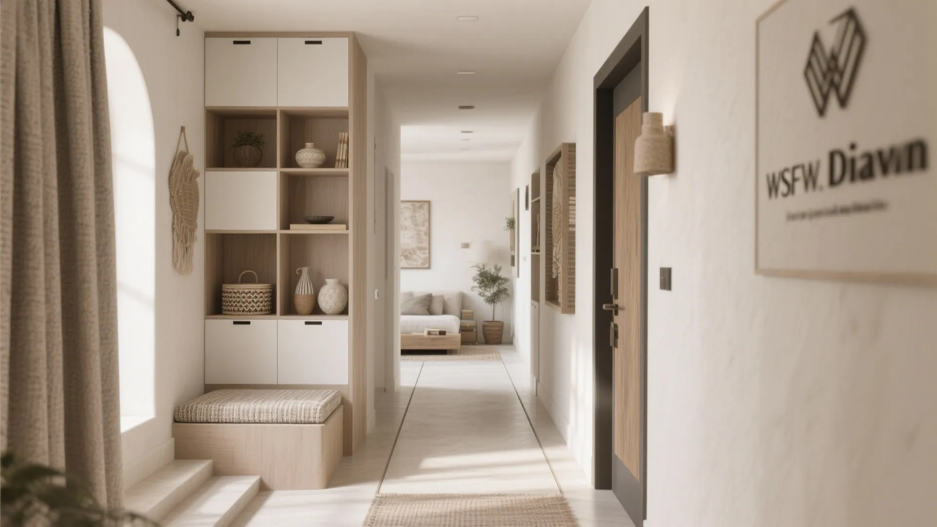 Wide shot of a compact hall with a low-profile diwan, clear walkway, and curated accents.