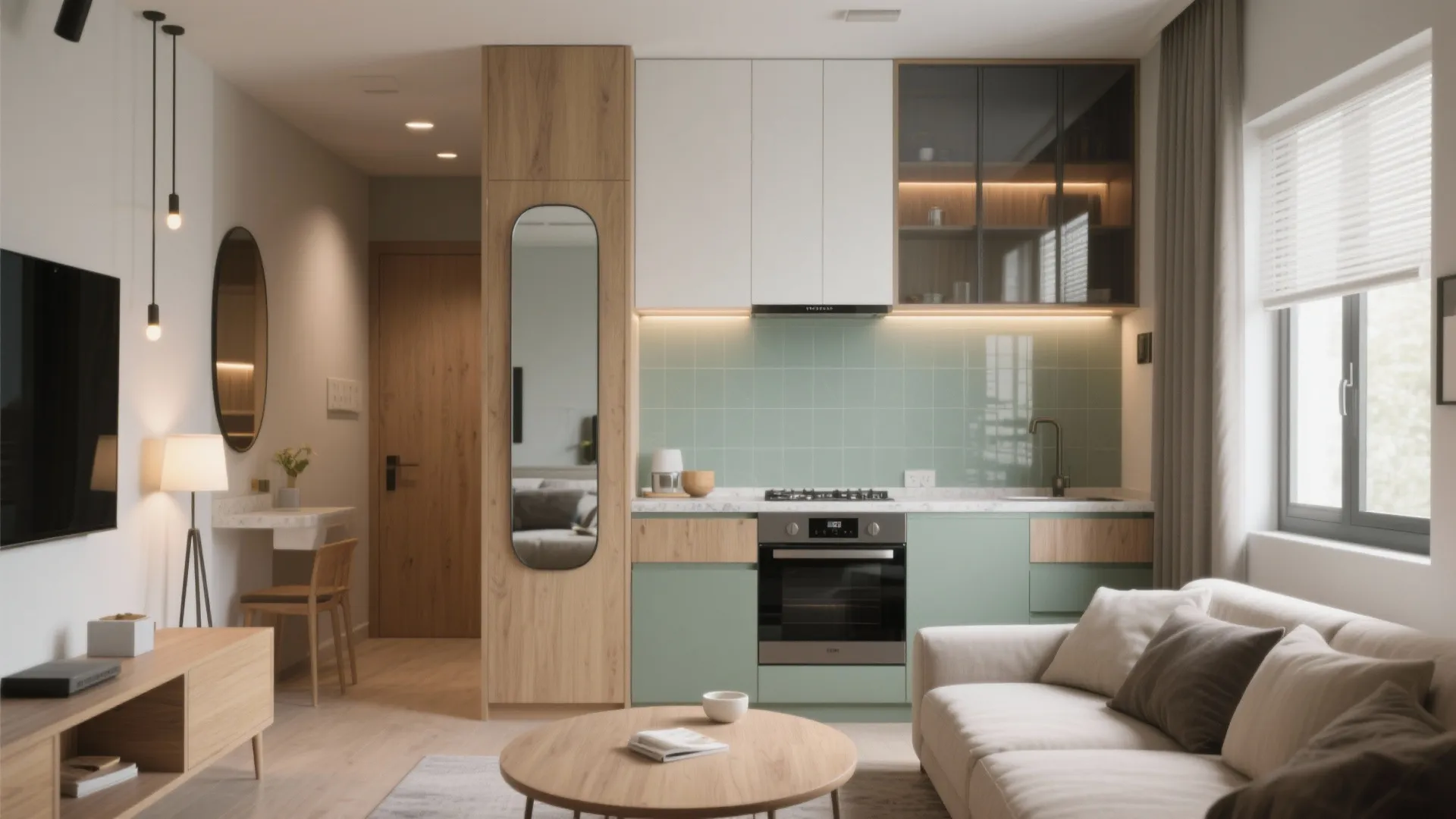 Modern apartment interior with green kitchen cabinets wooden furniture white sofa and round coffee table layout