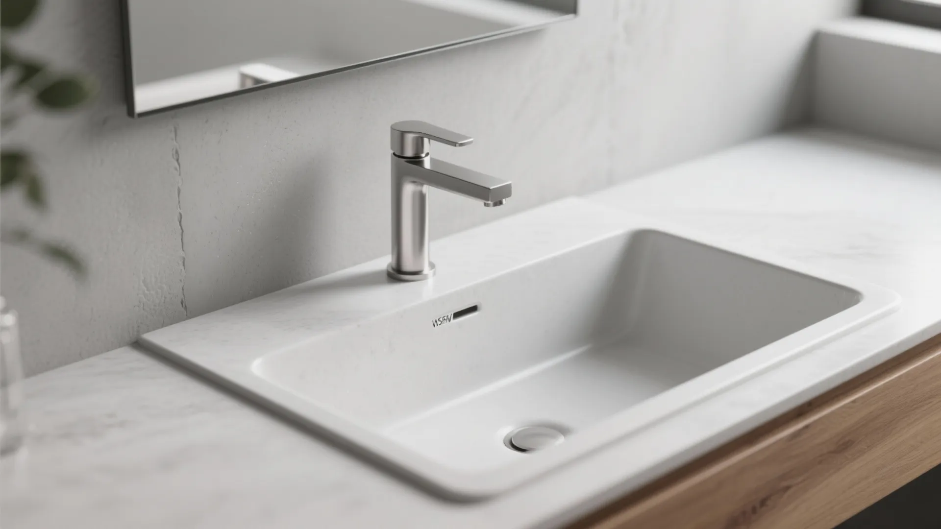 Close up of a rectangular white bathroom sink with silver faucet on a marble countertop