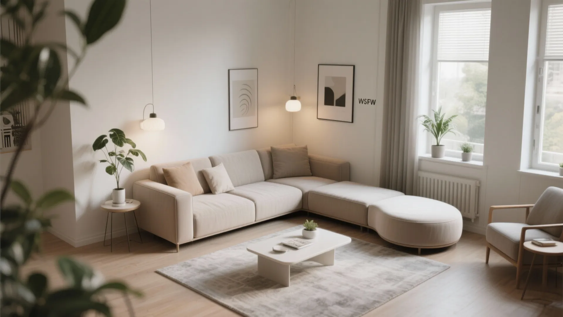 Modern living room with beige sofa coffee table rug wall lights and plants near large windows