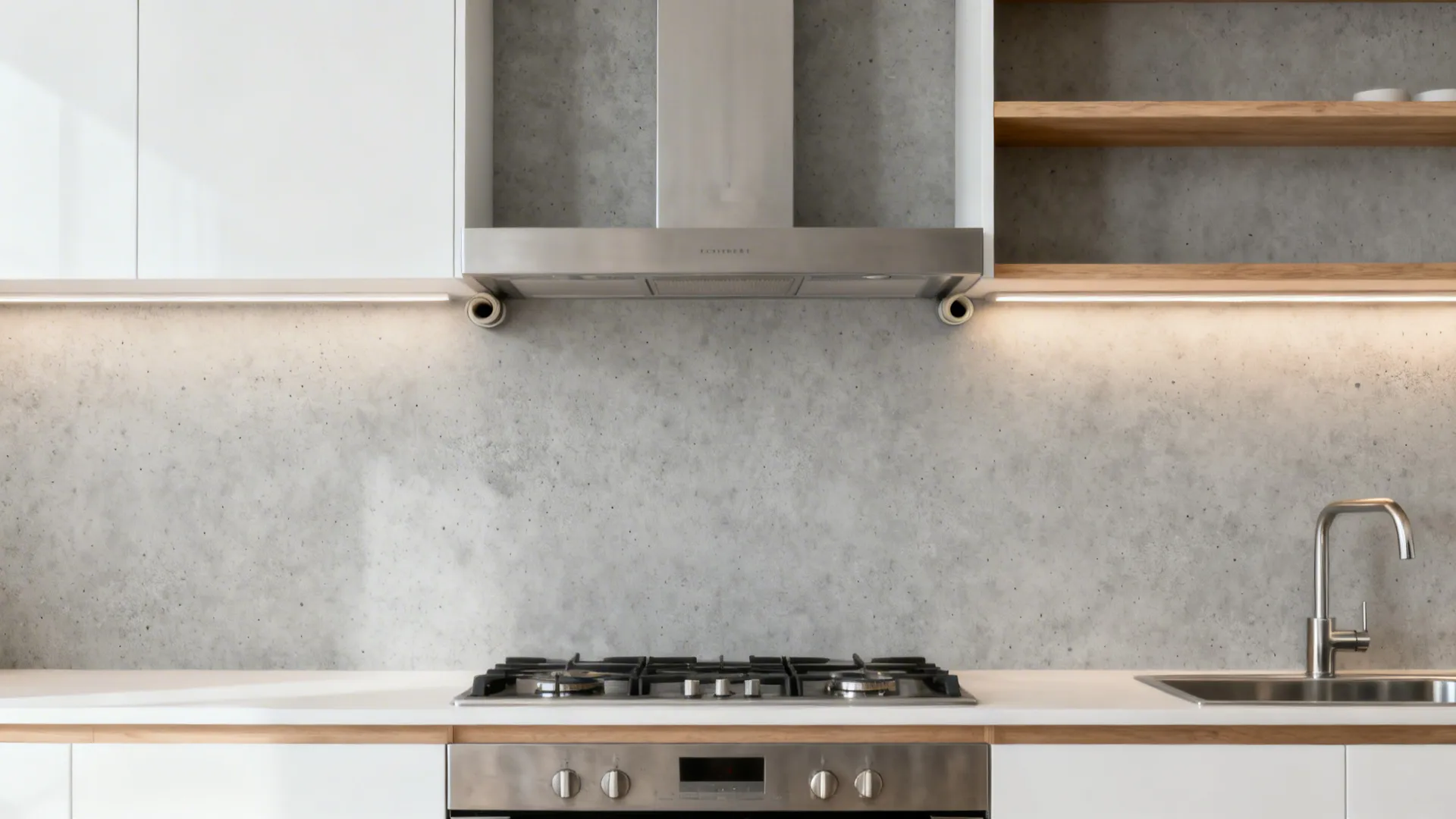 Light-gray concrete-texture 3D vinyl behind a range hood in a compact kitchen.