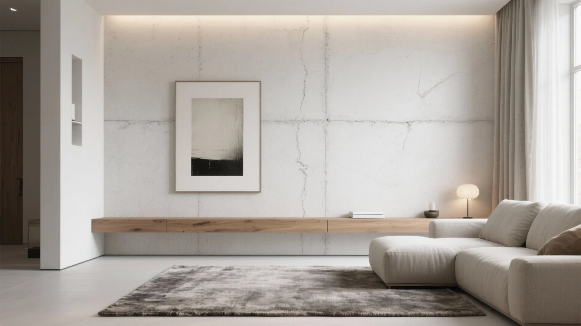 Minimalist living room featuring concrete wall panel wooden cabinet white sofa and grey area rug