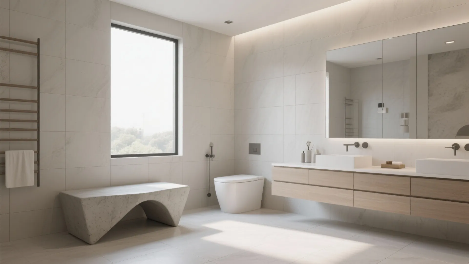 Large modern bathroom with stone bench wooden cabinet double sinks white toilet and big window