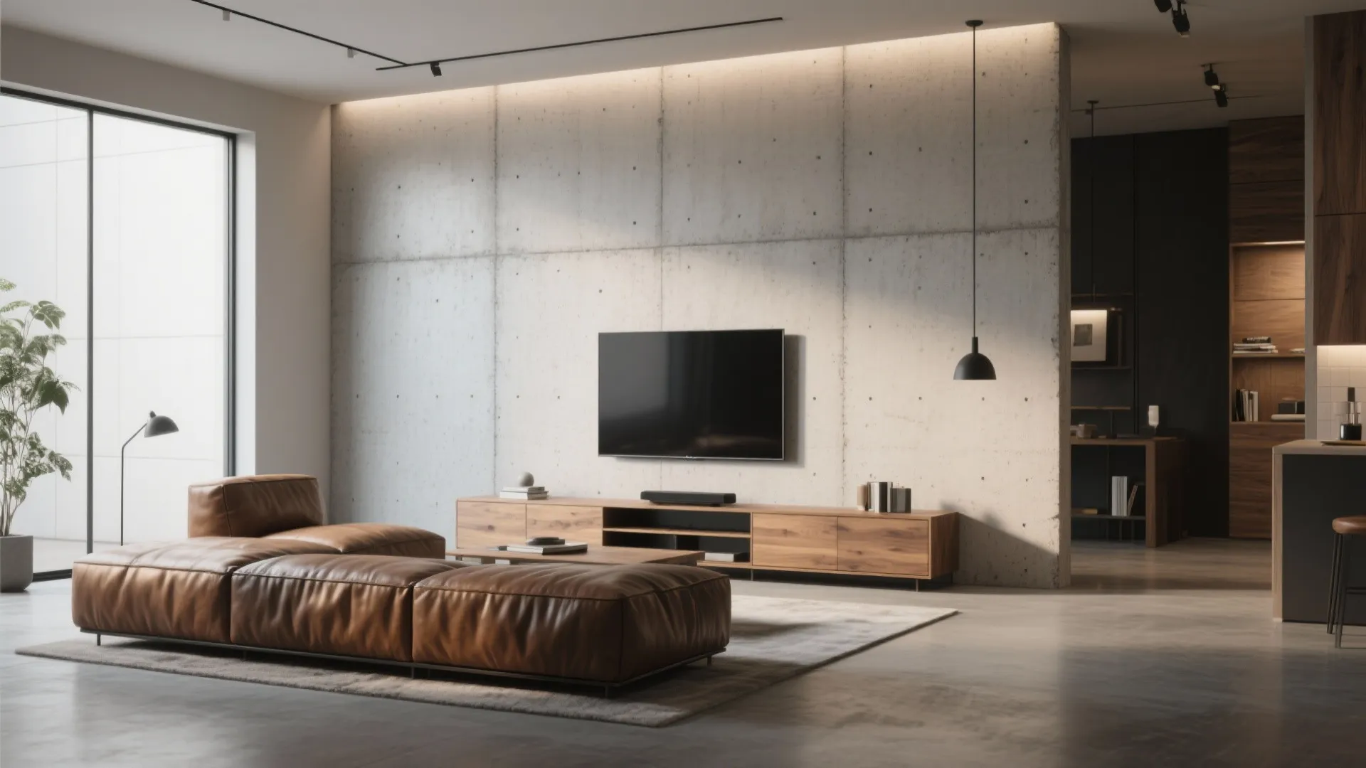 Modern living room featuring a concrete wall panel with a television and brown leather sofa