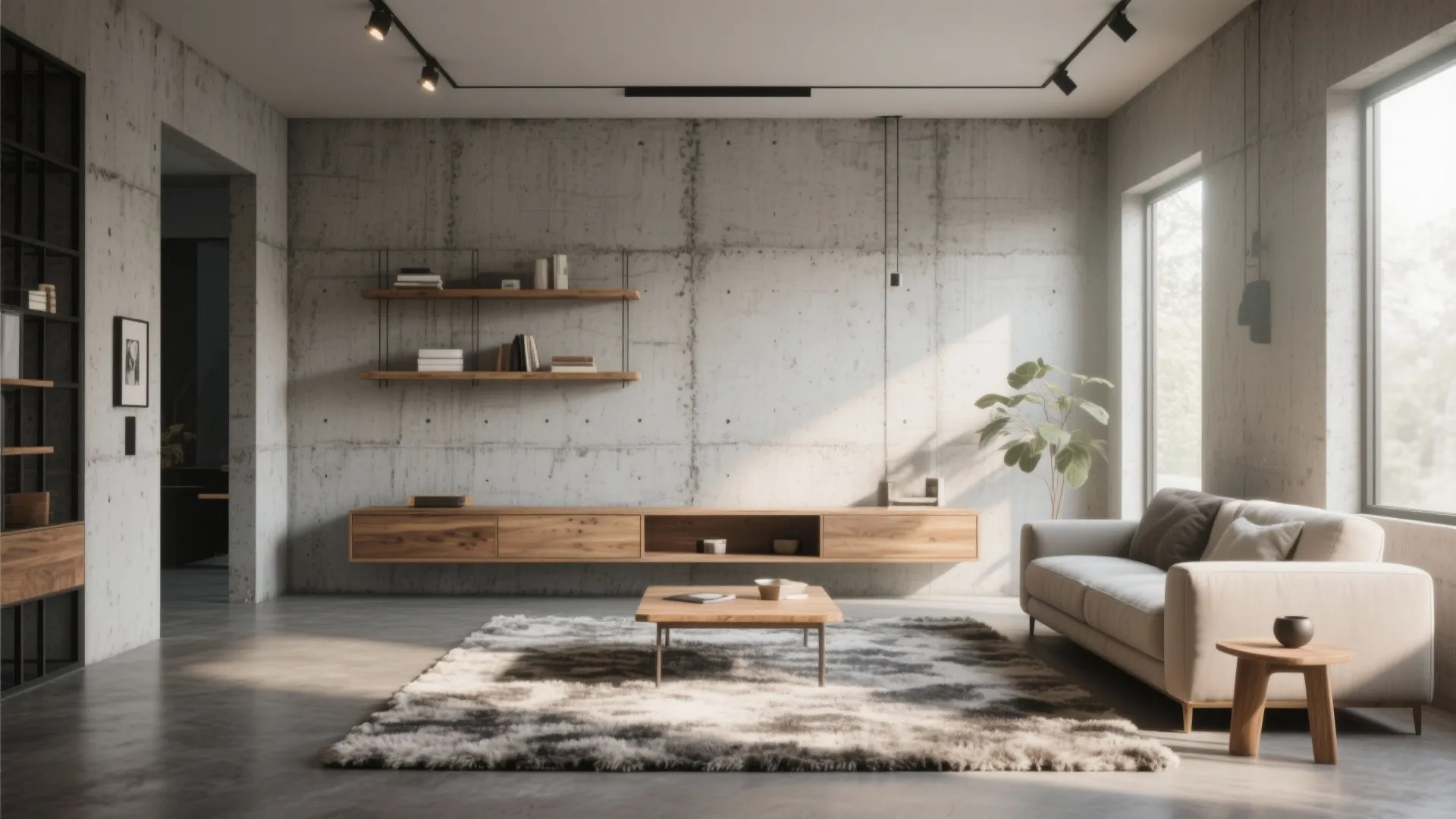 Industrial living room with a concrete wall wooden floating cabinet white sofa and black track lights