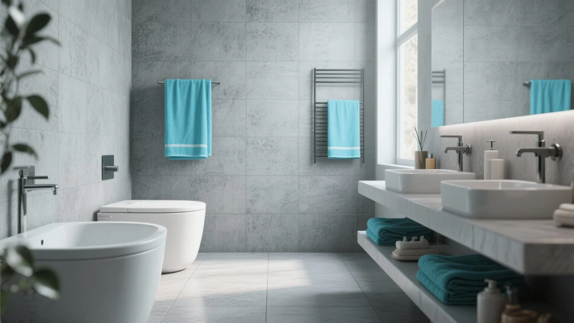 Tip 3: Grey Concrete Look with Aqua Towels