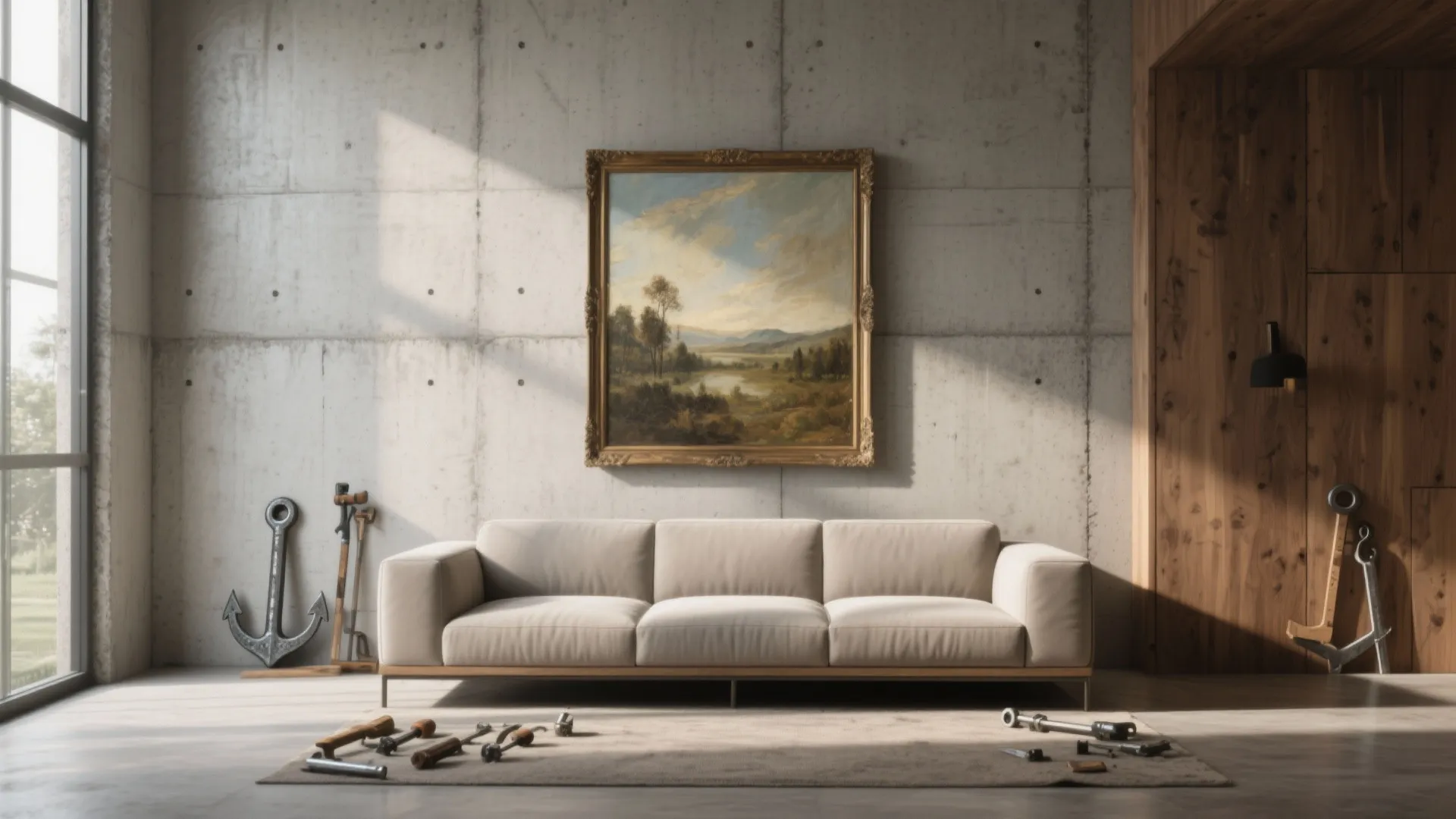 Modern living room featuring a concrete wall with framed landscape painting above a beige sofa