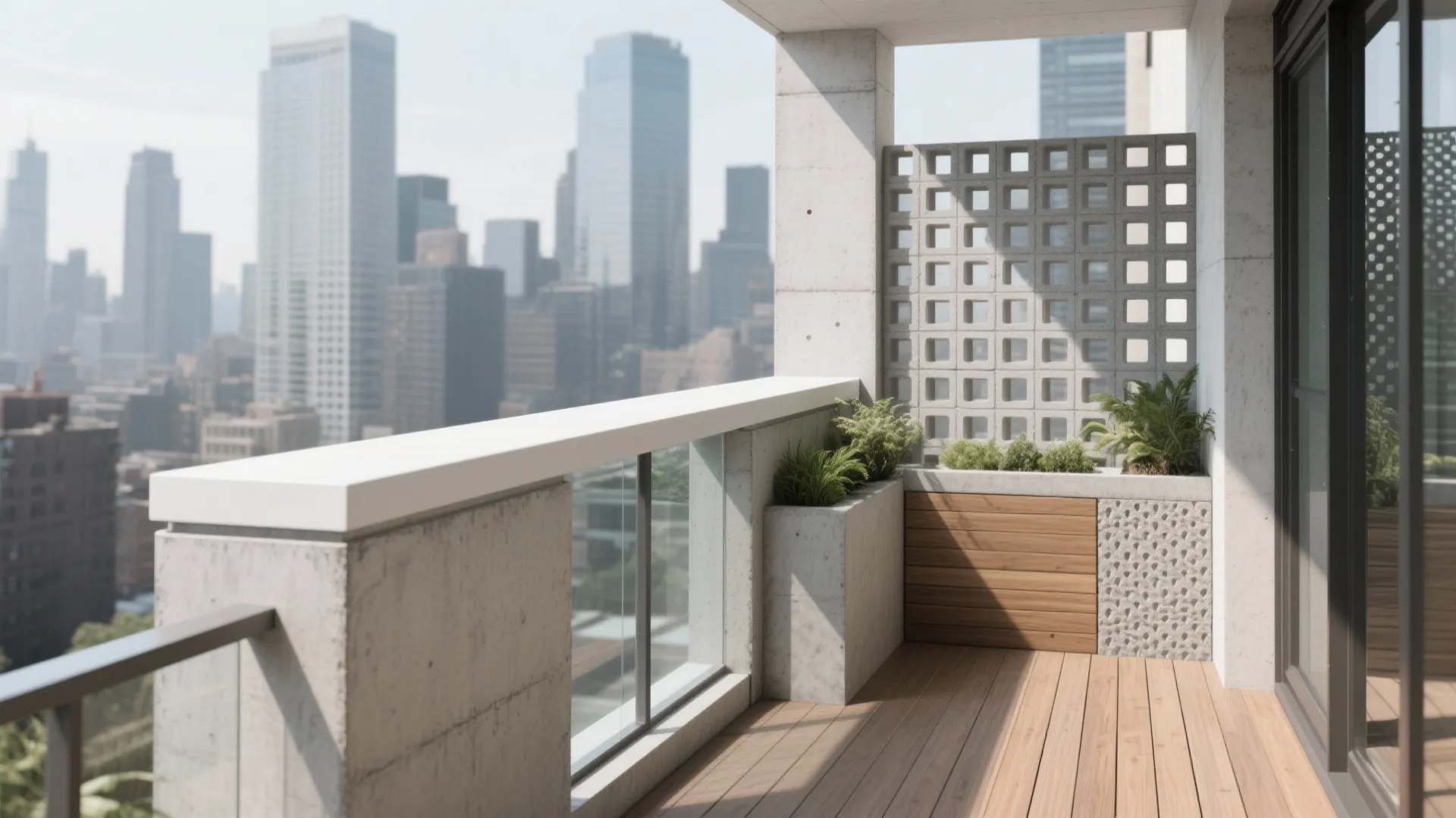 Modern balcony with wooden floor green plants and a concrete wall facing a sunny city
