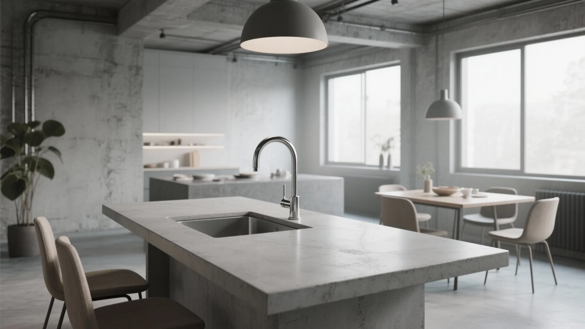 Industrial kitchen with grey concrete island stainless steel sink large ceiling light and grey walls