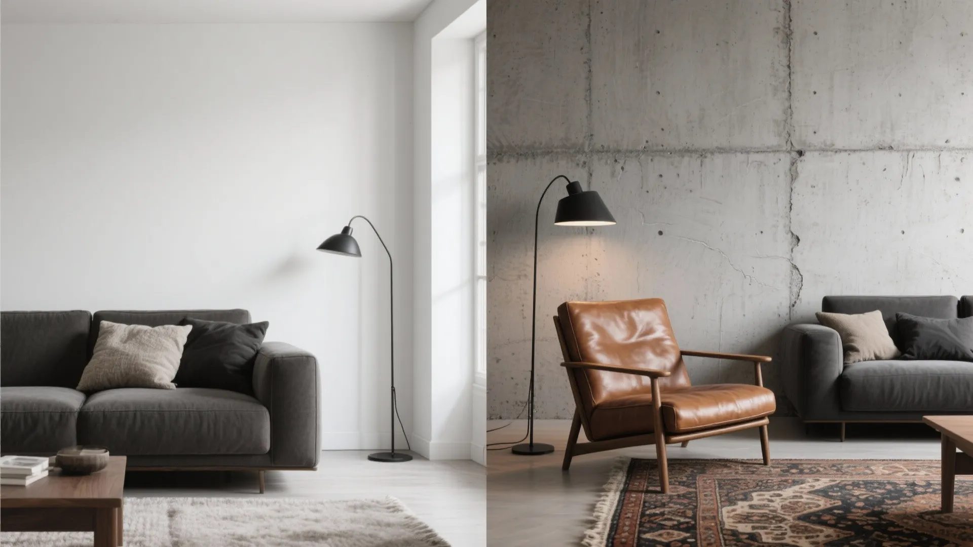 Before and after comparison showing white wall living room versus industrial style with concrete wall