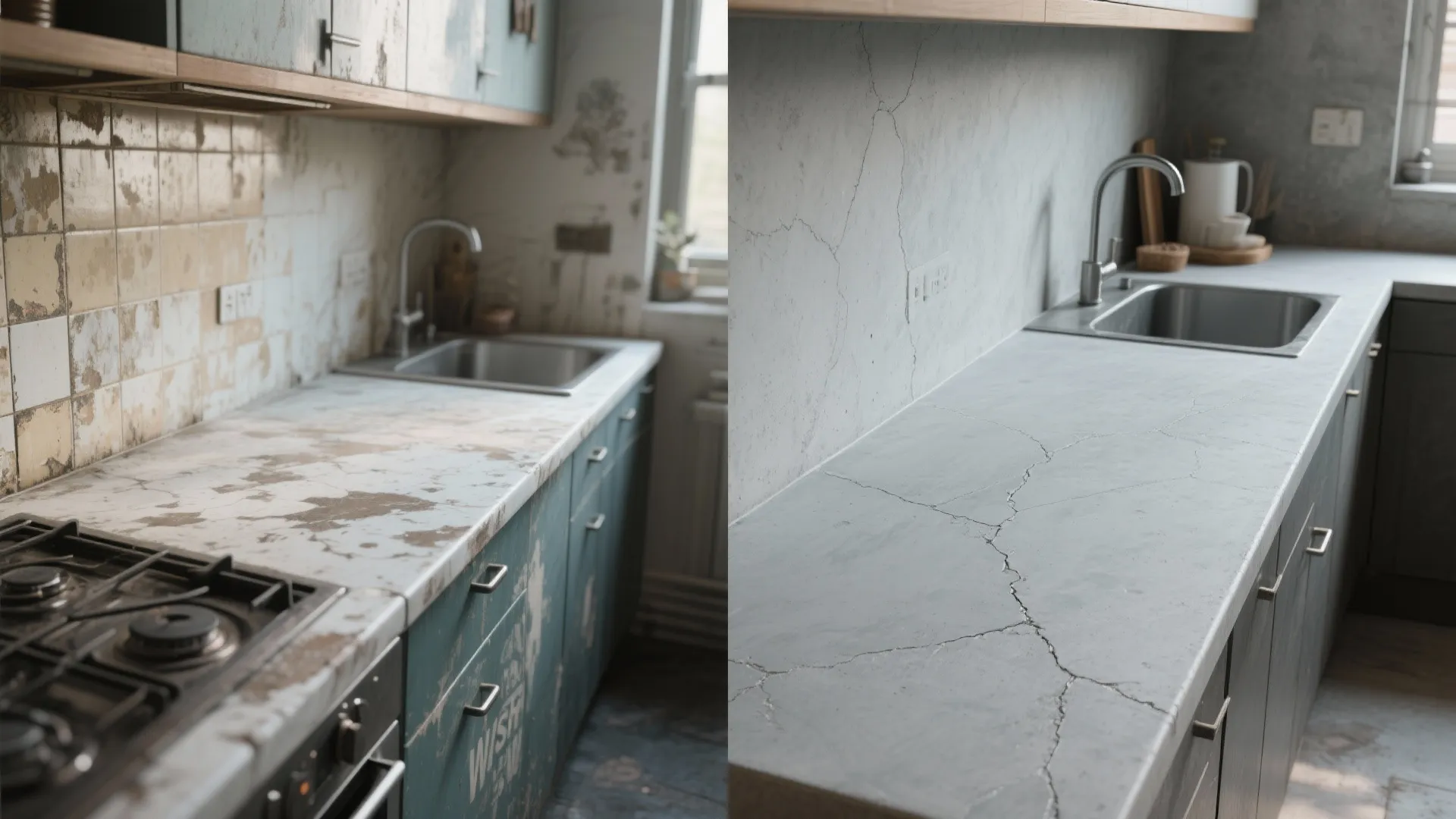 Before and after comparison of old worn kitchen counters versus new clean grey concrete surfaces