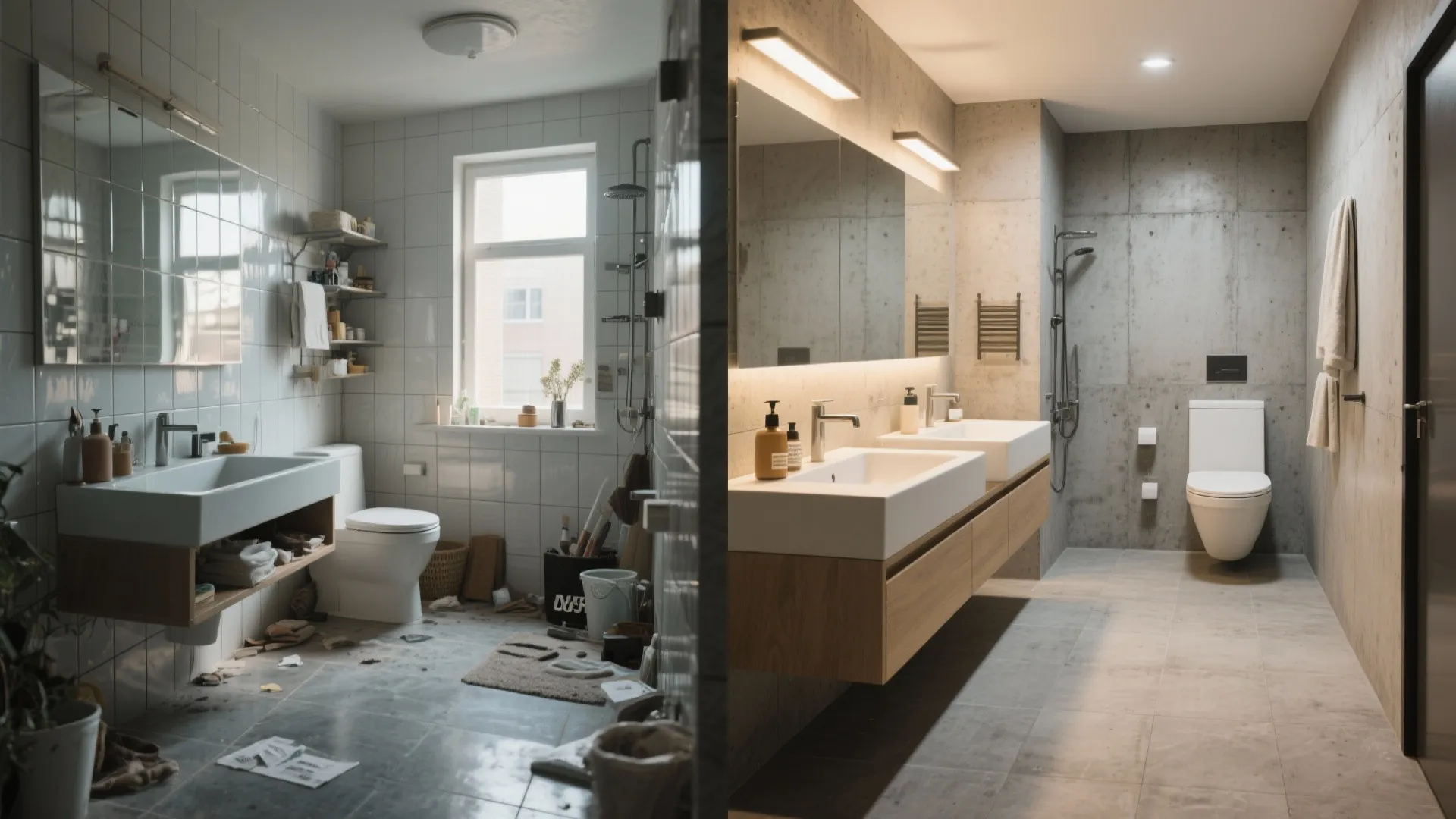 Before and after comparison of a messy old bathroom and a modern concrete interior renovation
