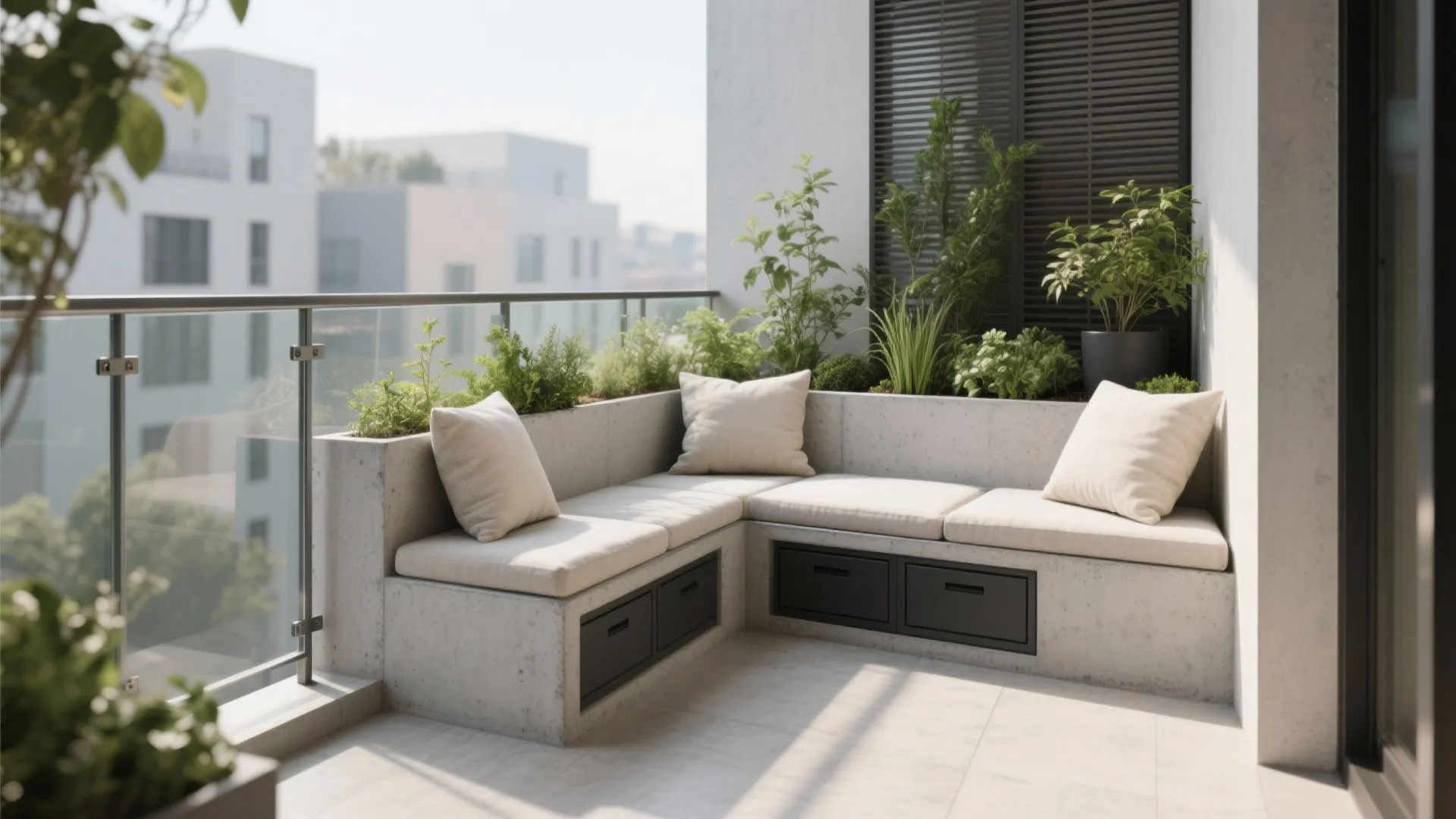 Modern balcony with concrete L-shaped bench, white cushions, small storage drawers, and many green plants