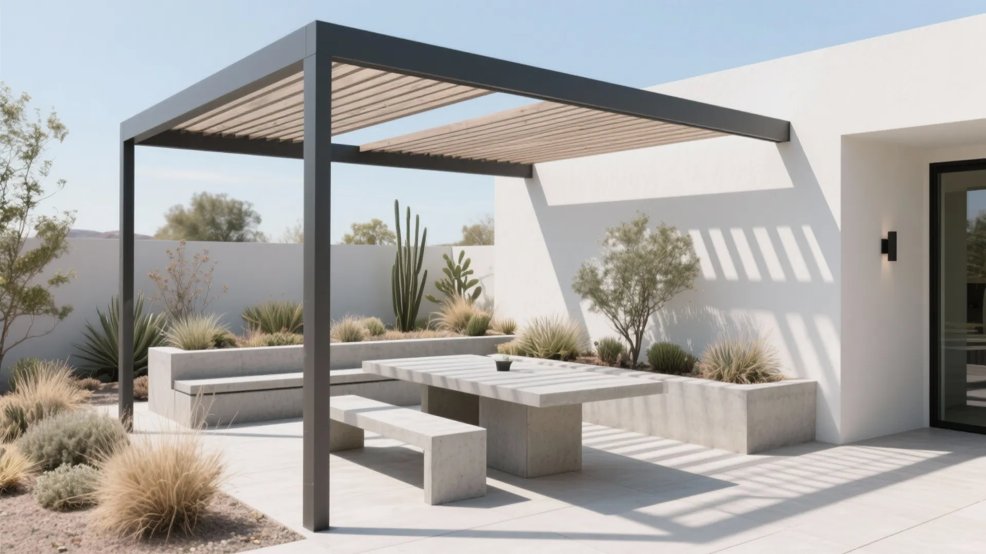 Modern concrete table and bench under black pergola in desert garden with white walls plants