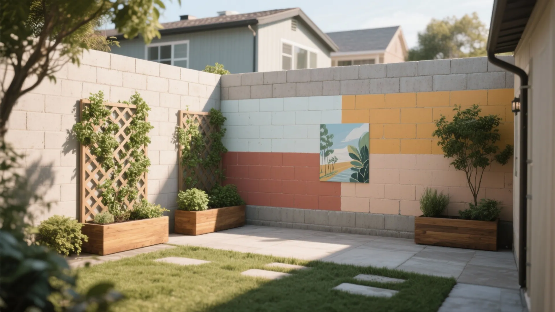 Outdoor patio area with concrete block wall painted in colorful sections featuring wooden planters and plants
