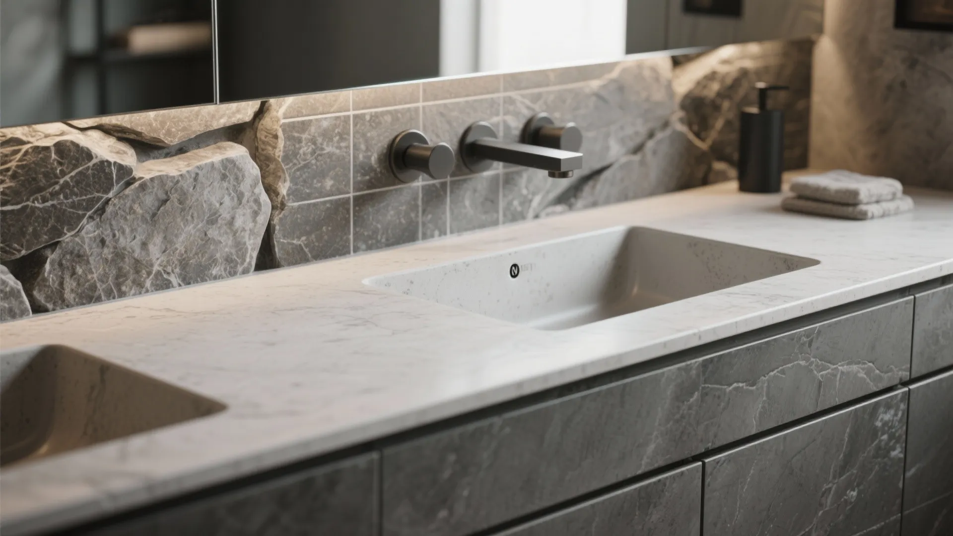 Close up of stone bathroom sink with black tap on grey marble wall and counter