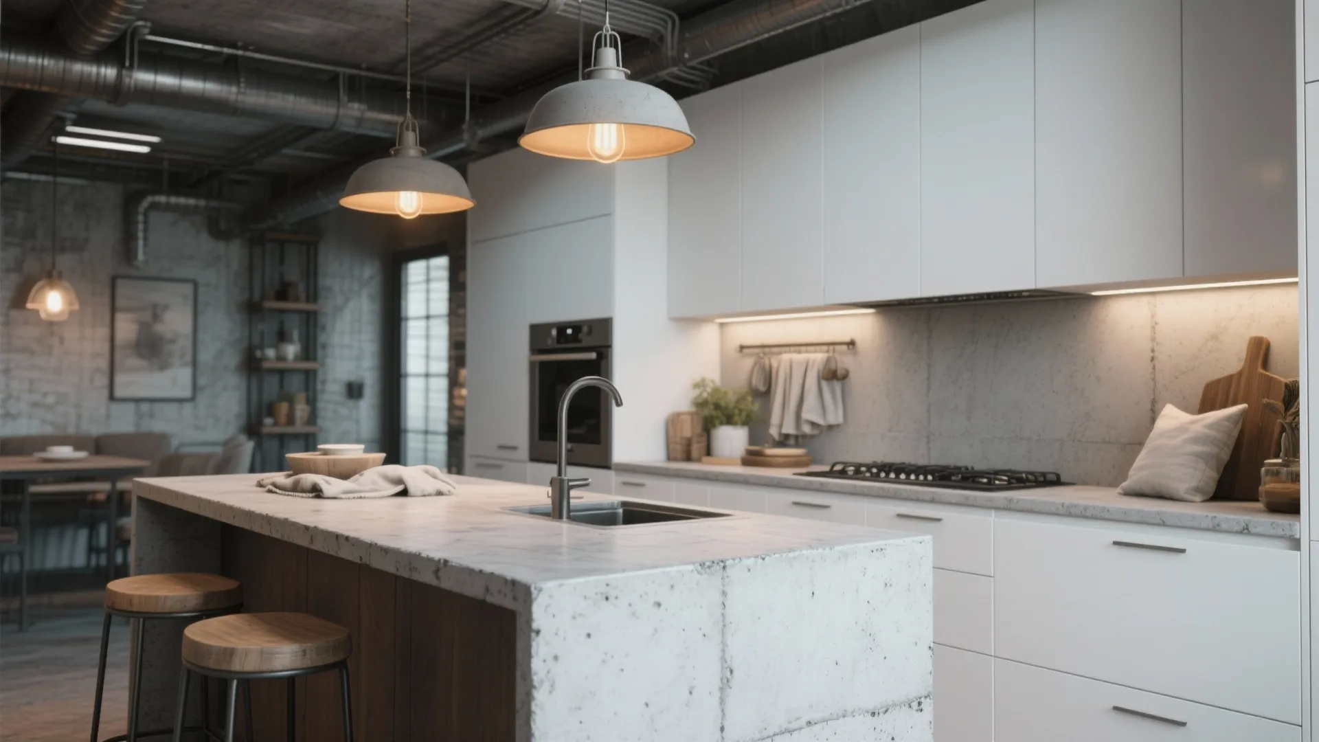 Industrial kitchen with concrete island white cabinets grey brick walls and two grey ceiling lights