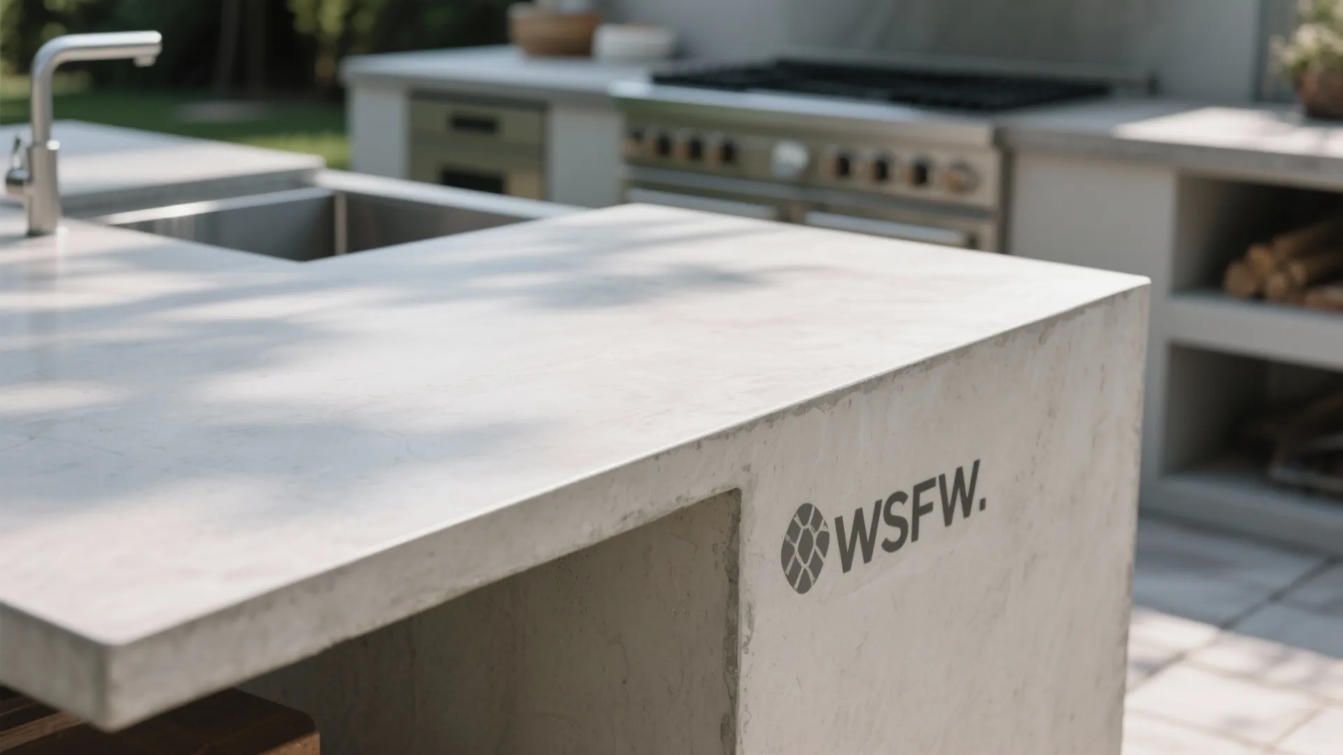 Concrete countertop in modern outdoor kitchen with custom pigment